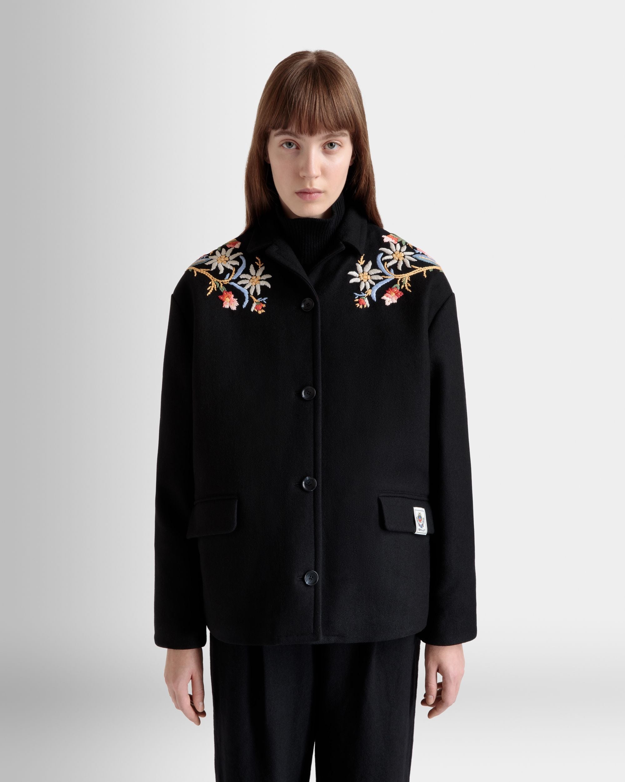 Bally Global - Veste De La Capsule D’hiver En Laine Noire Mélangée Ornée De Fleurs Des Alpes - Noir