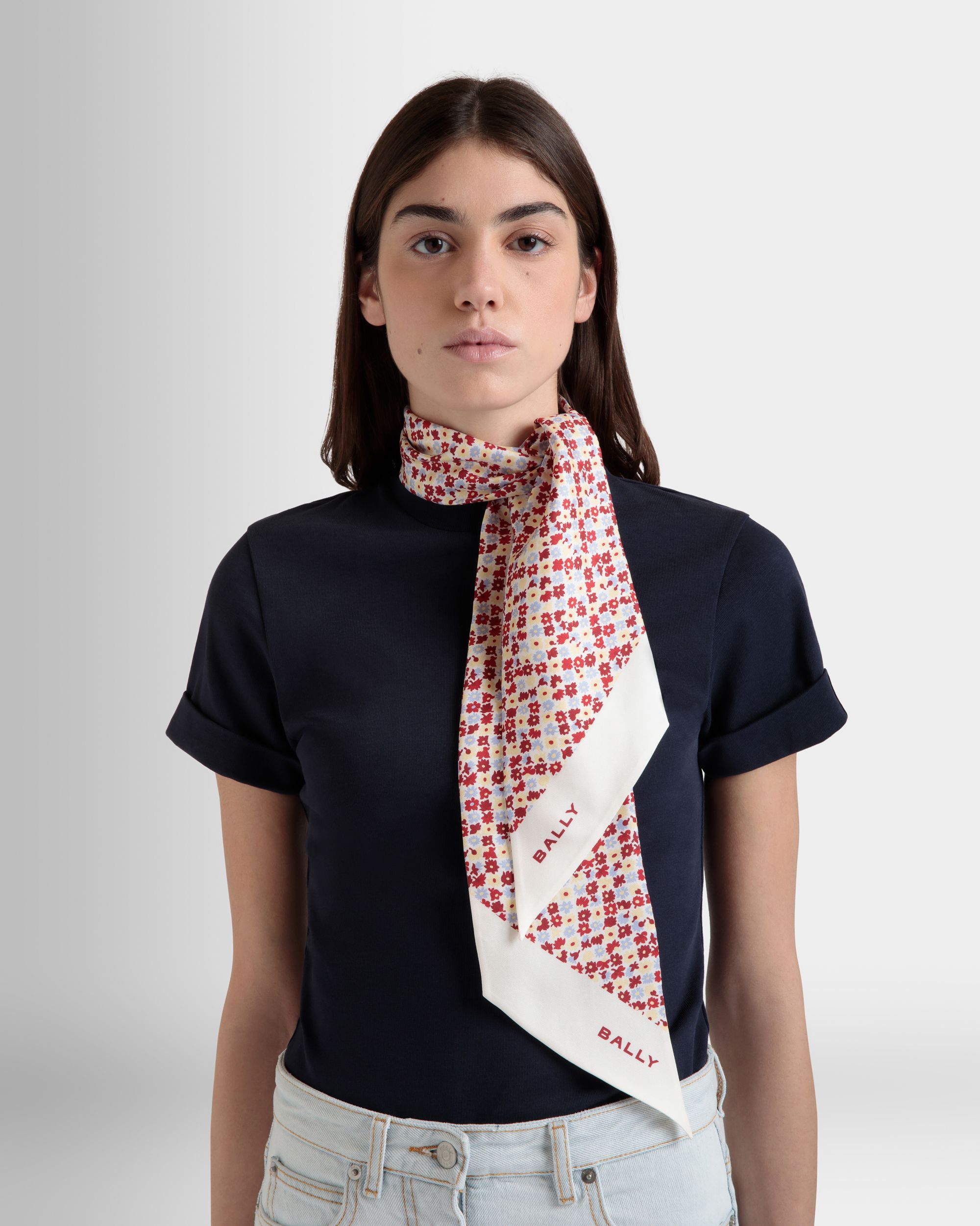 Bally Global - Pañuelo De Seda Marfil Con Estampado Microflower - Blanco