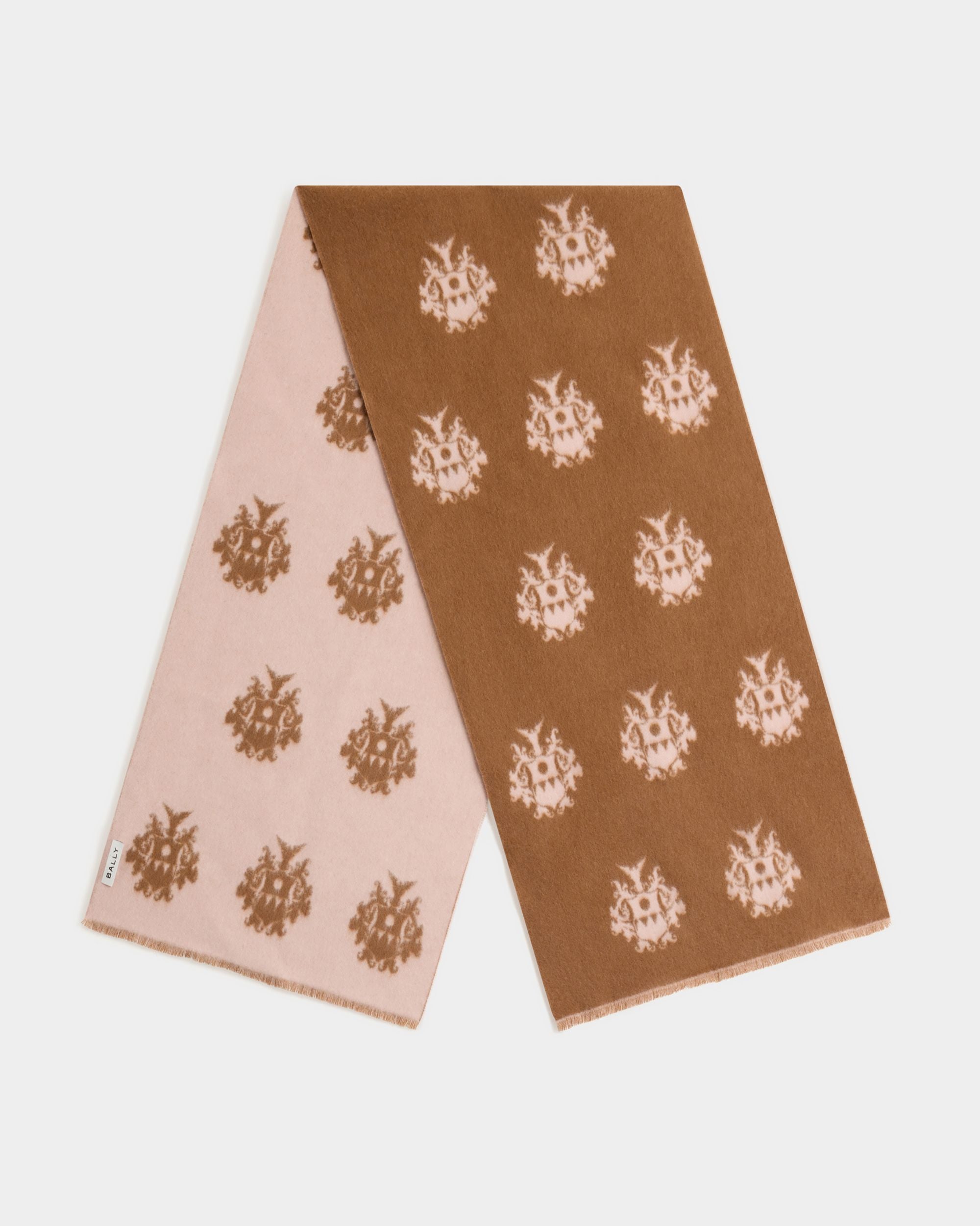 Bally Global - Scarf with a Crest Motif in Brown And Dusty Petal Wool - Multicolor