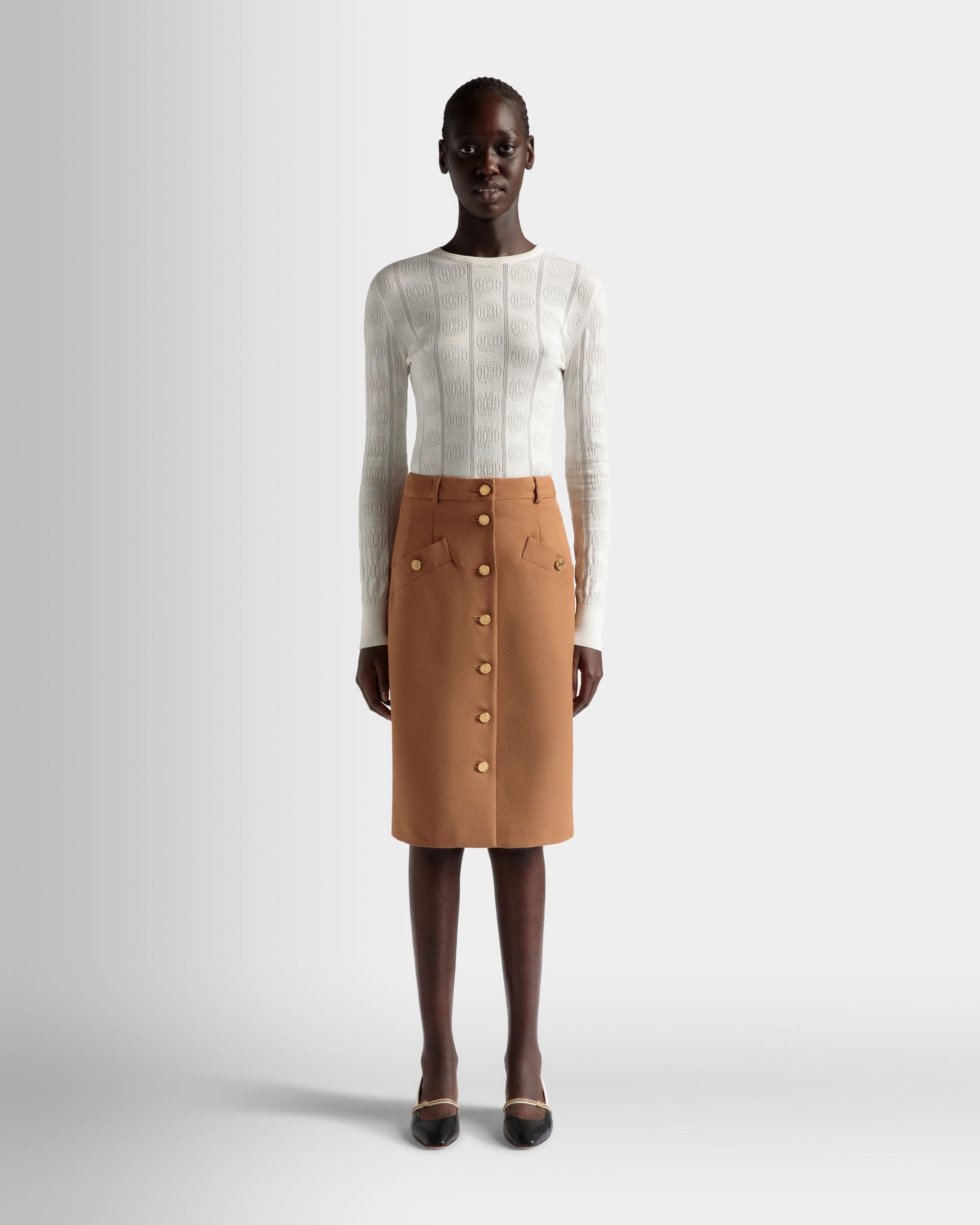 Bally Global - Brown Midi Skirt in a Wool Blend - Marron