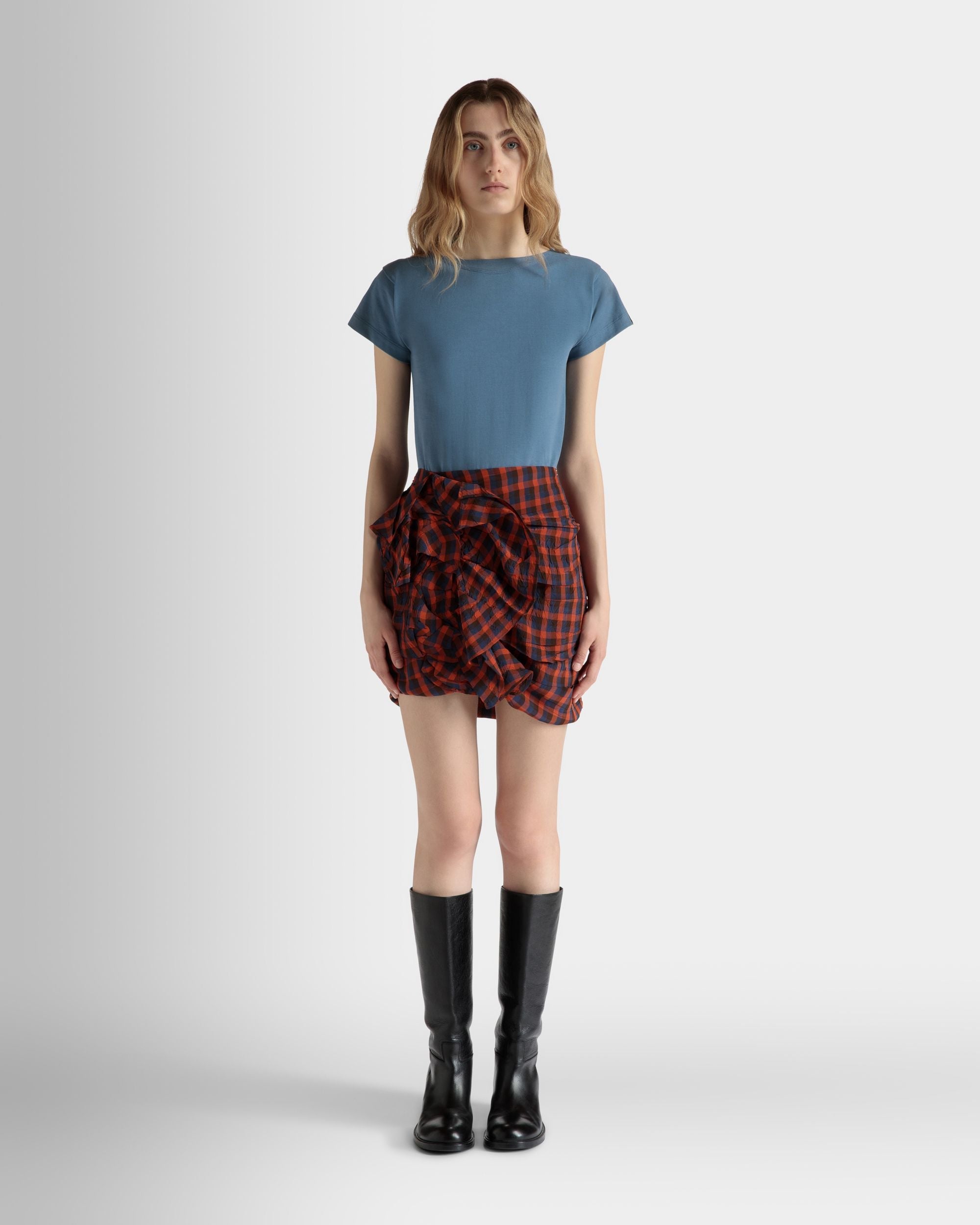 Bally Global - Printed Rouches Mini Skirt in Vichy Print Fluid Poplin - Multicolor