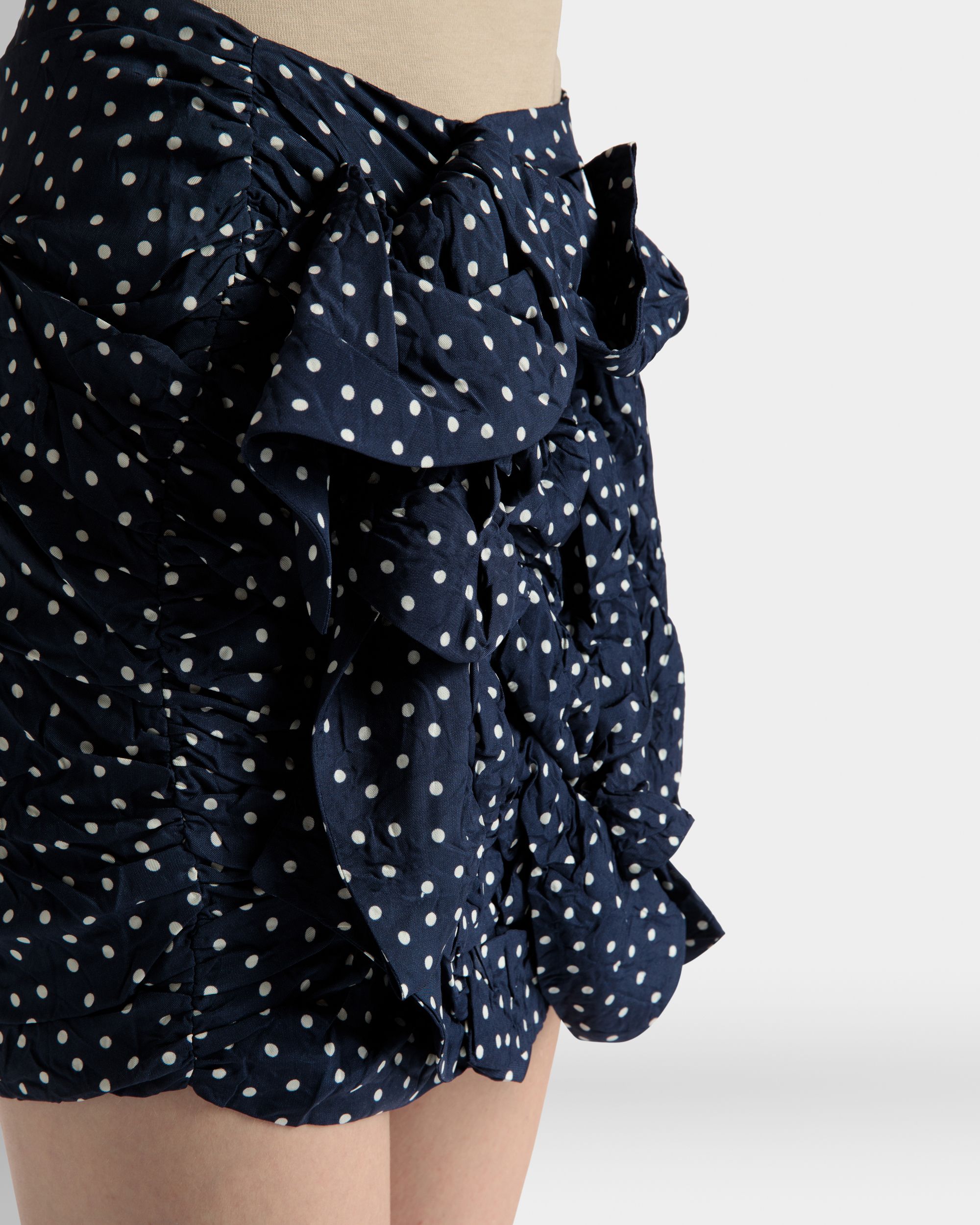 Bally Global - Printed Rouches Mini Skirt in Polka Dots Print Fluid Poplin - Blue