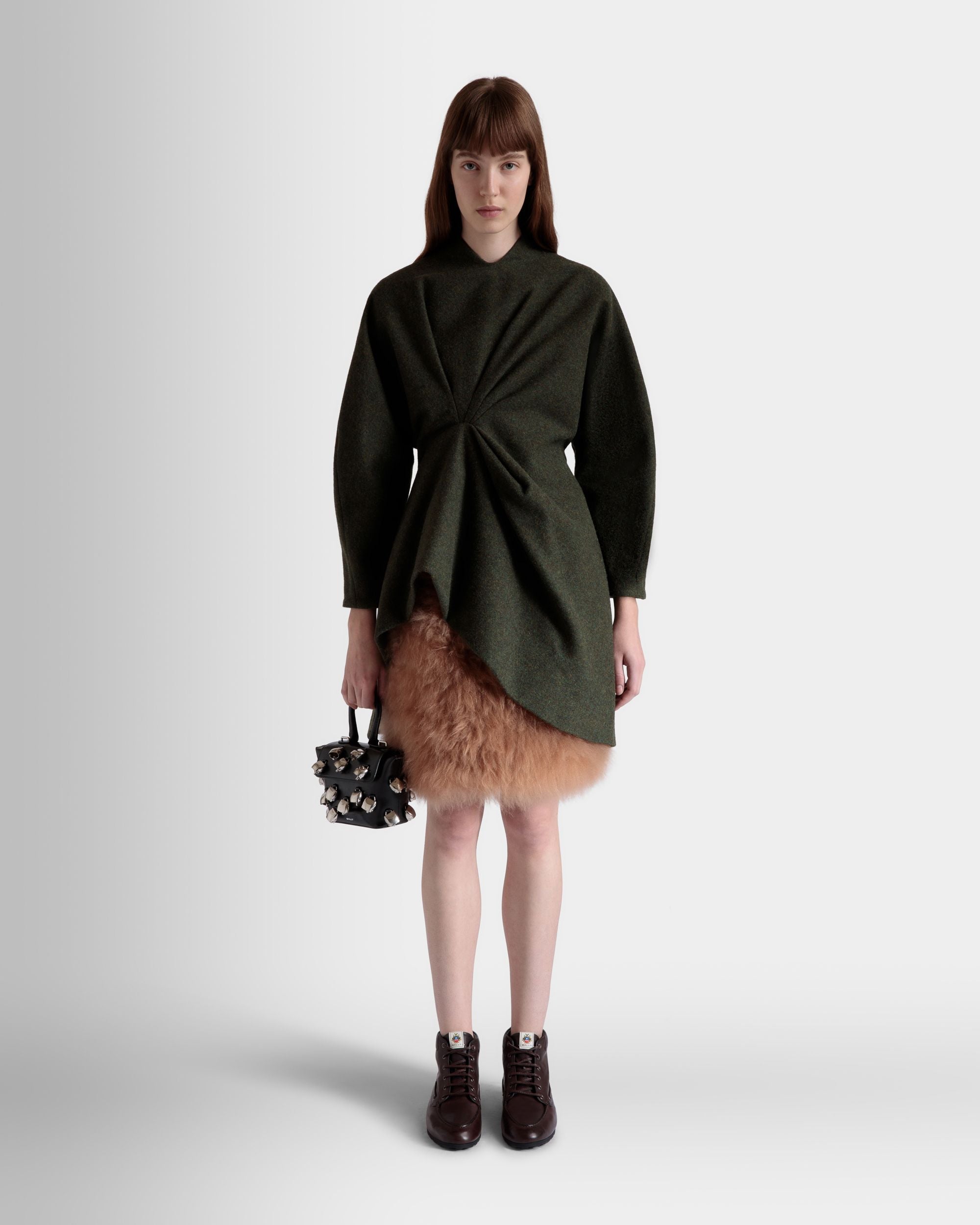 Bally Global - Mini Skirt In Dark Green And Praline Beige Wool and Shearling - Beige