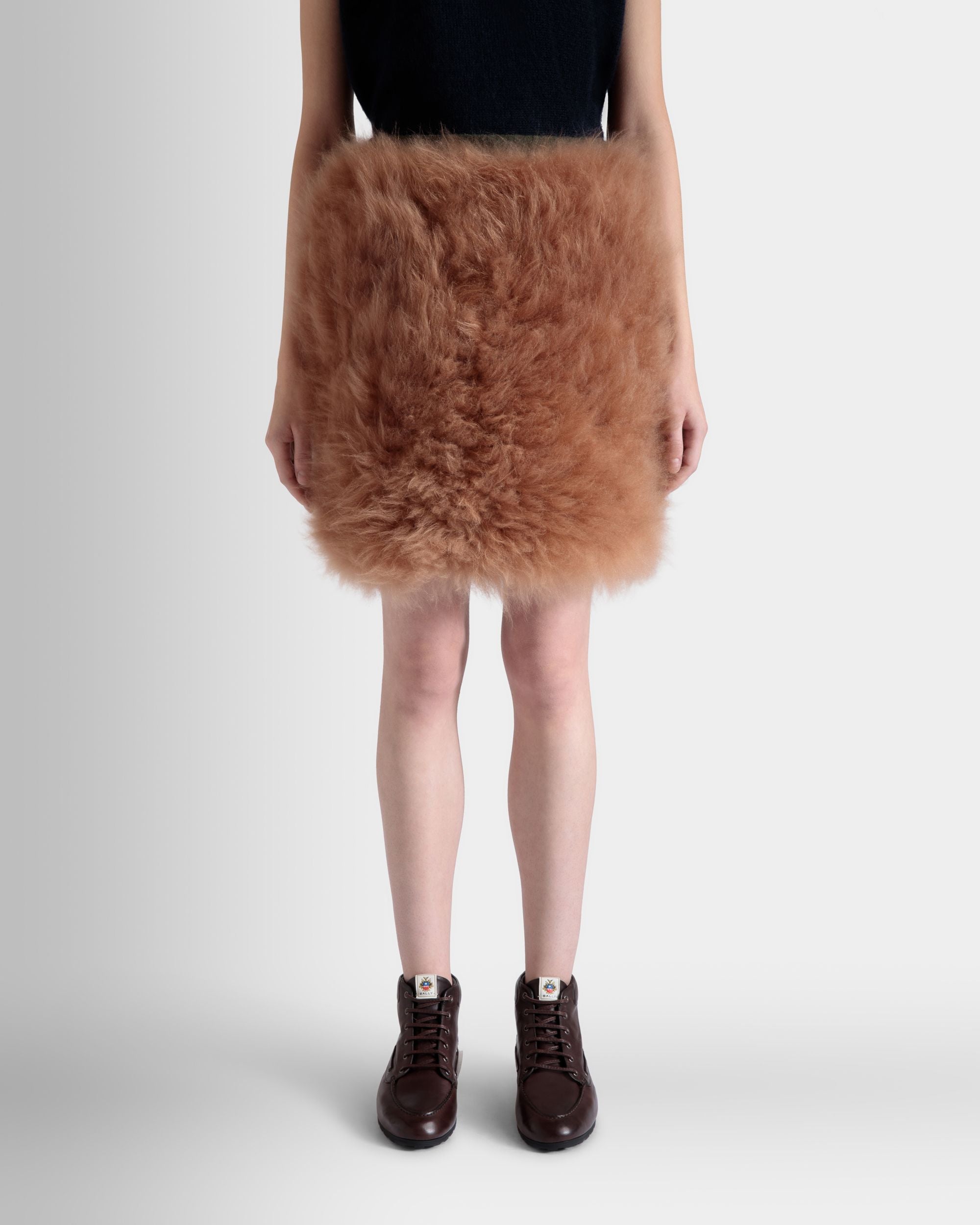 Bally Global - Mini Skirt In Dark Green And Praline Beige Wool and Shearling - Beige