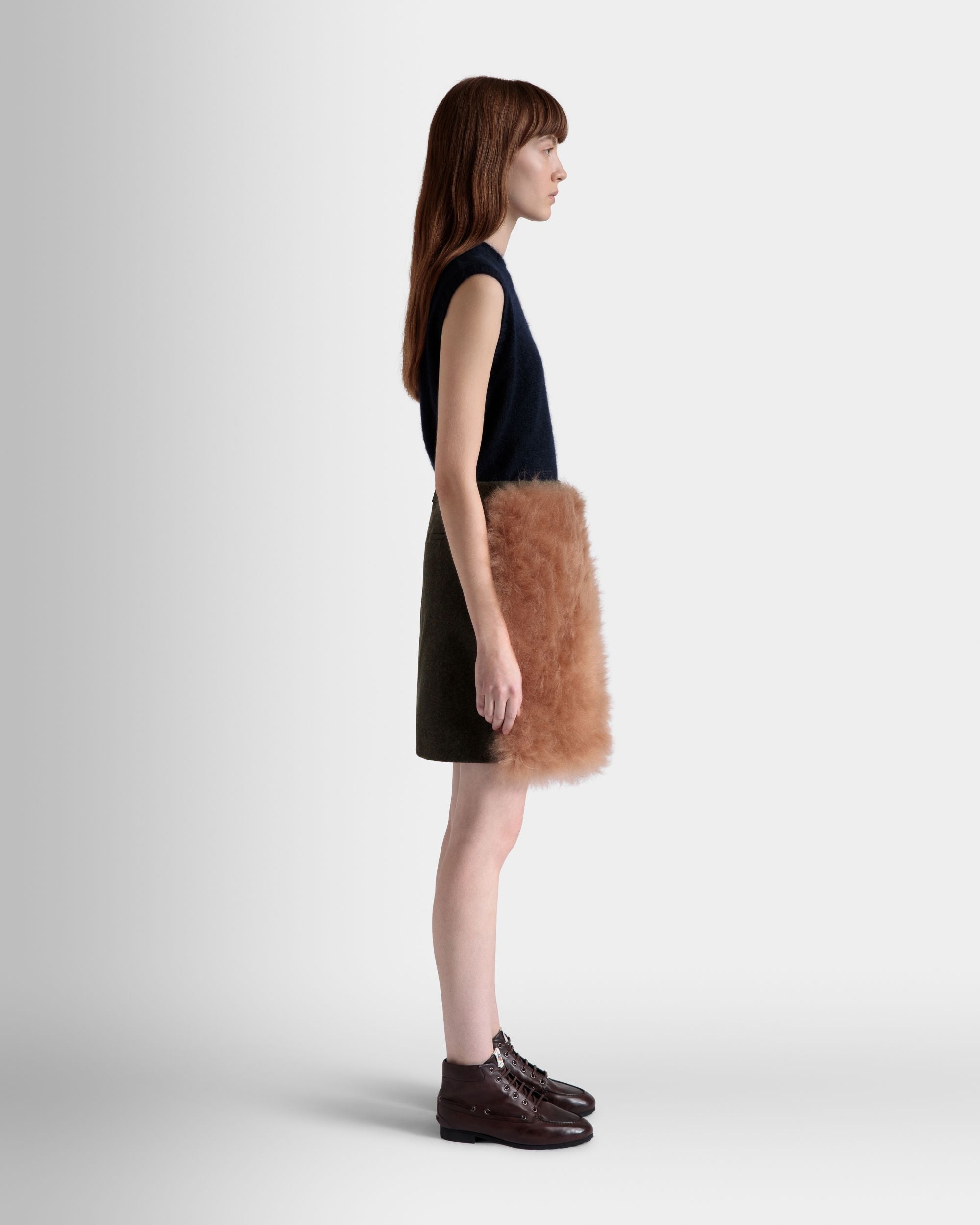 Bally Global - Mini Skirt In Dark Green And Praline Beige Wool and Shearling - Beige