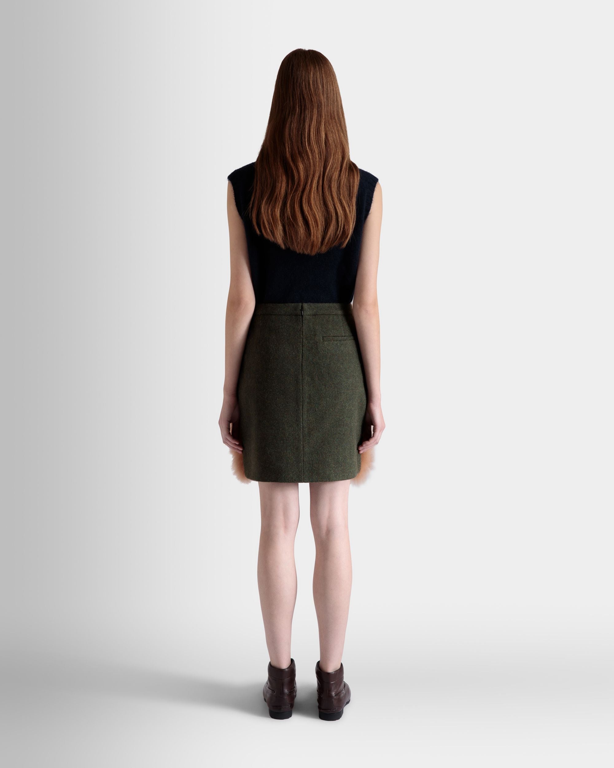 Bally Global - Mini Skirt In Dark Green And Praline Beige Wool and Shearling - Beige