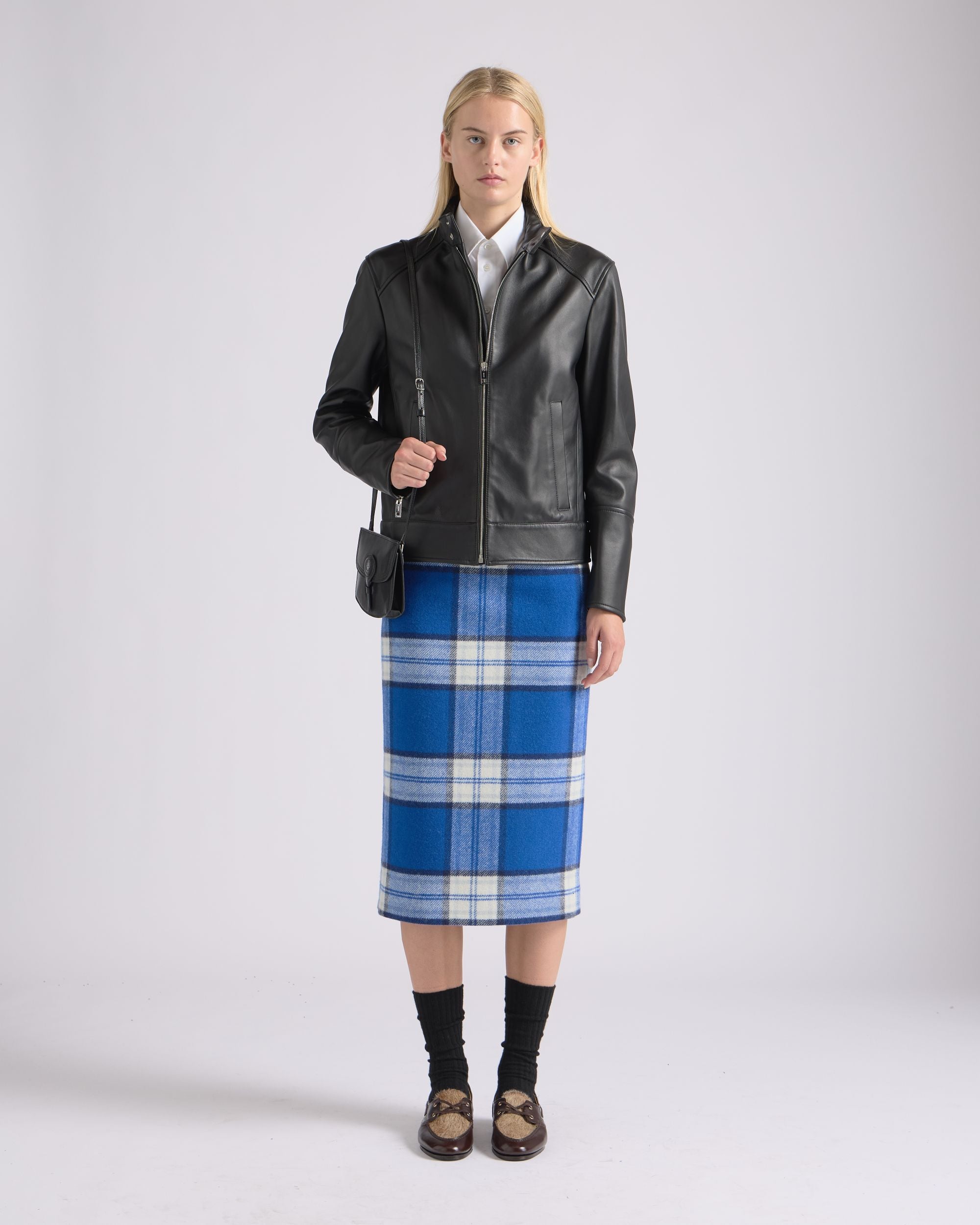 Bally Global - Midi Skirt With a Check Pattern in a Blue Wool Blend - Blue