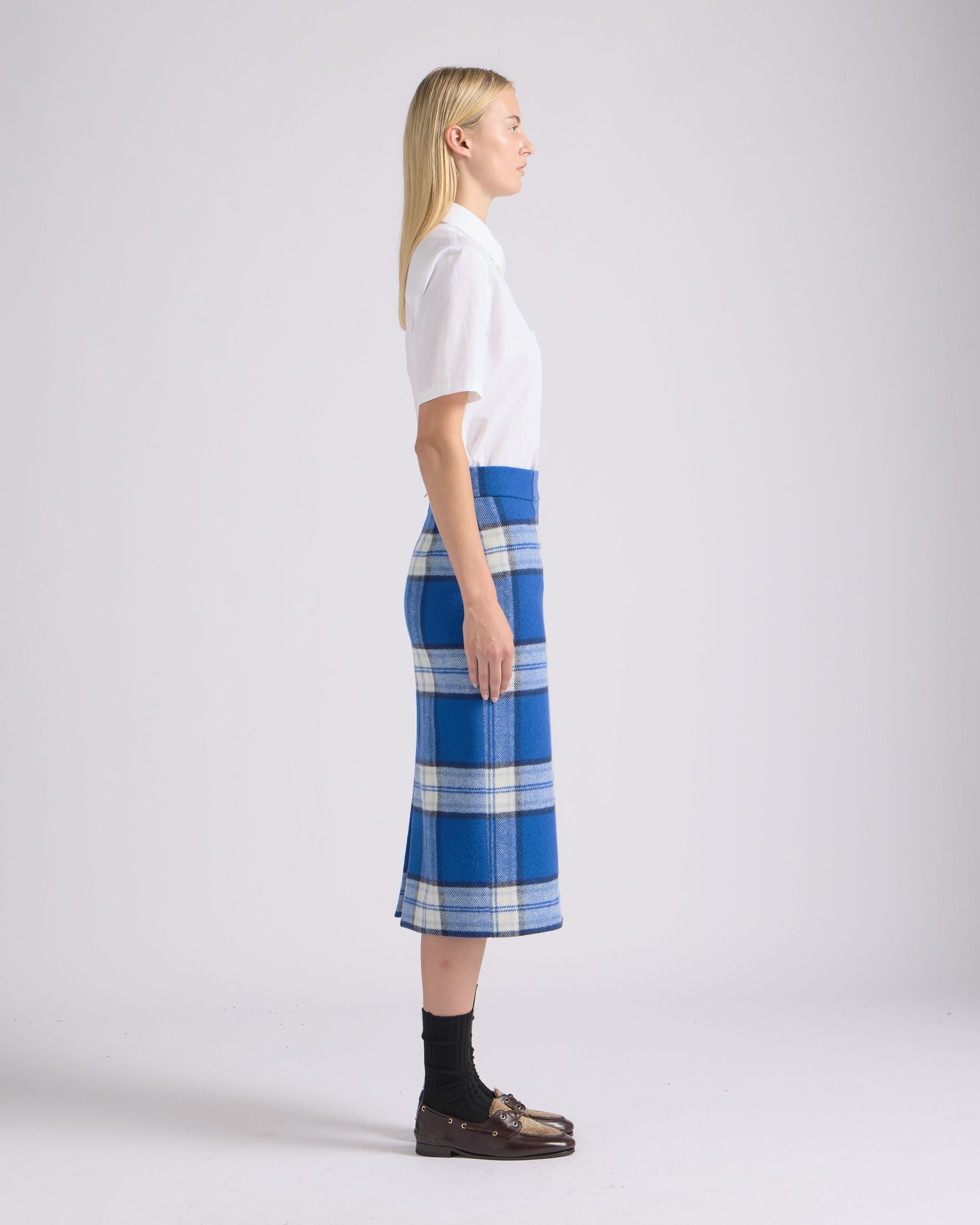 Bally Global - Midi Skirt With a Check Pattern in a Blue Wool Blend - Blue