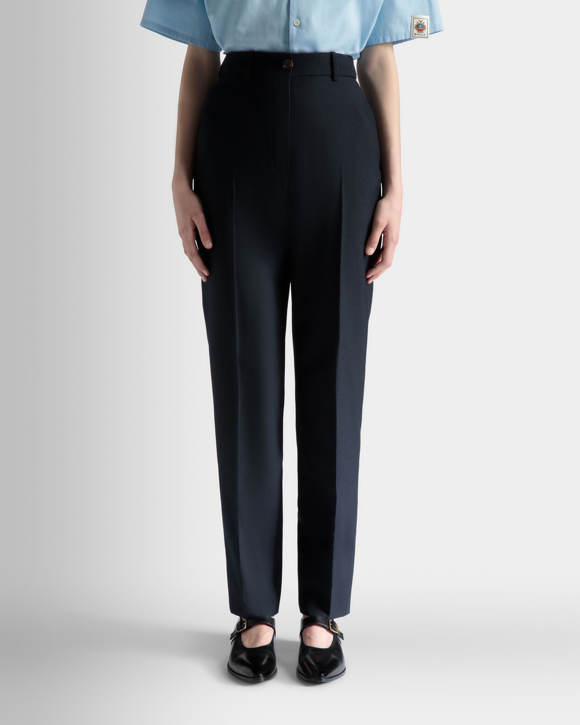 Bally Global - Pantalon Coupe Droite En Laine Mélangée Navy Blue - Bleu