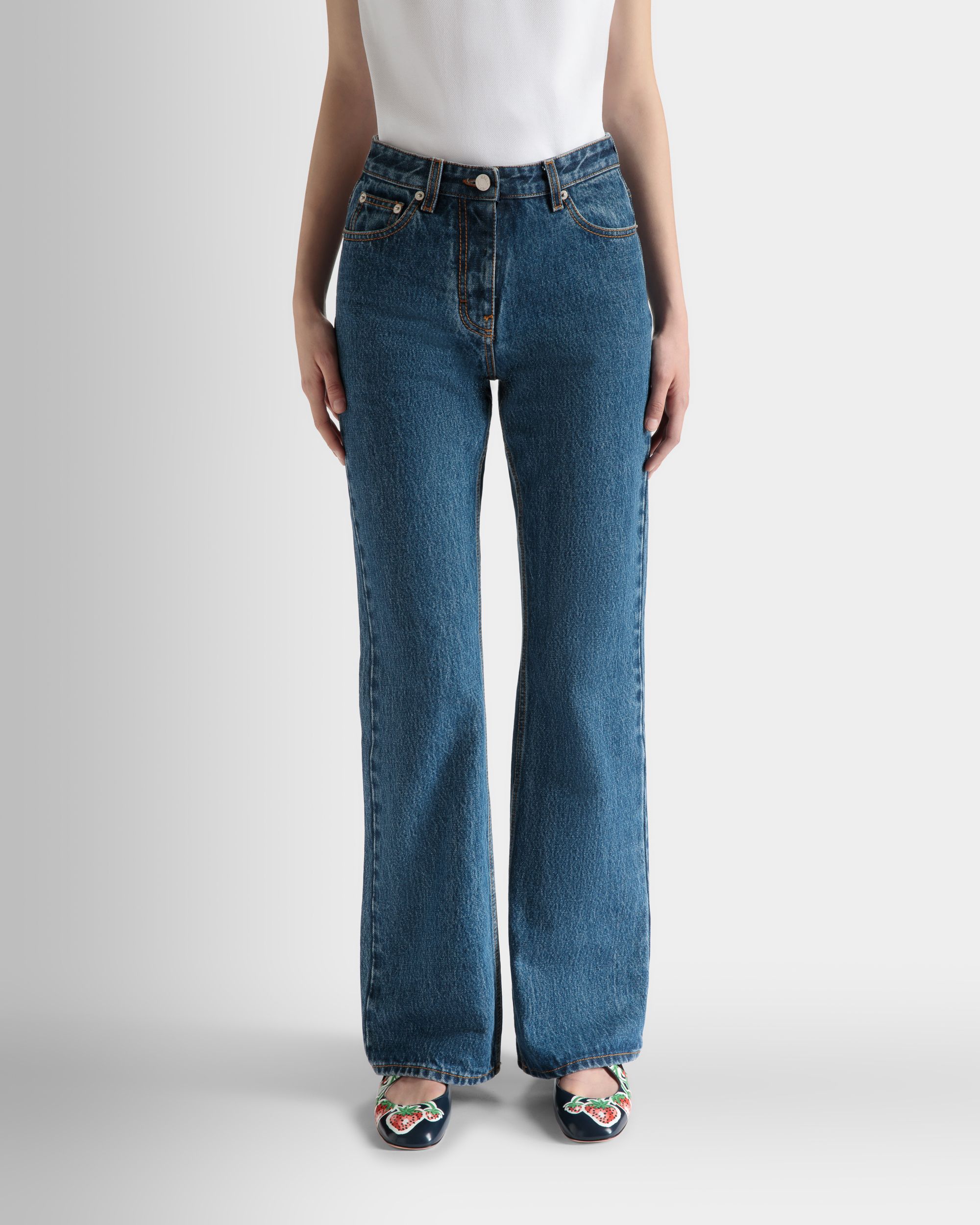 Bally Global - Flared Denim Pants in Medium Blue Cotton - Azul