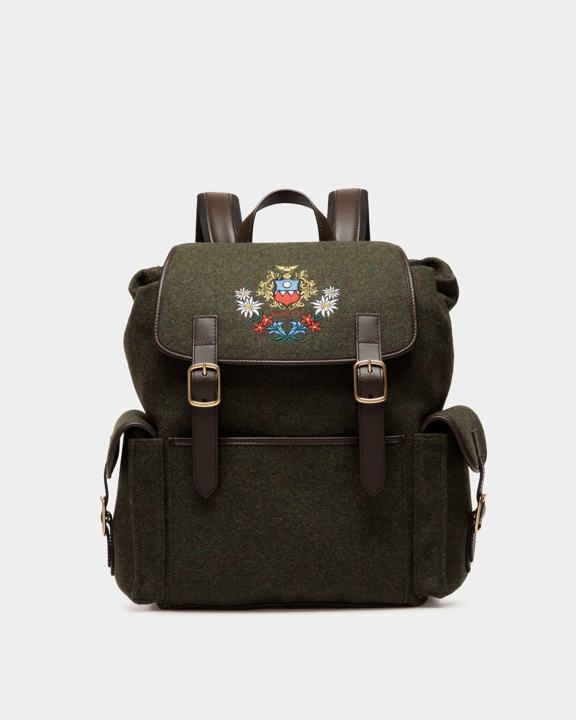 Bally Global - Winter Capsule Backpack in Dark Green Wool and Ebano Leather With Alpine Flowers - Green
