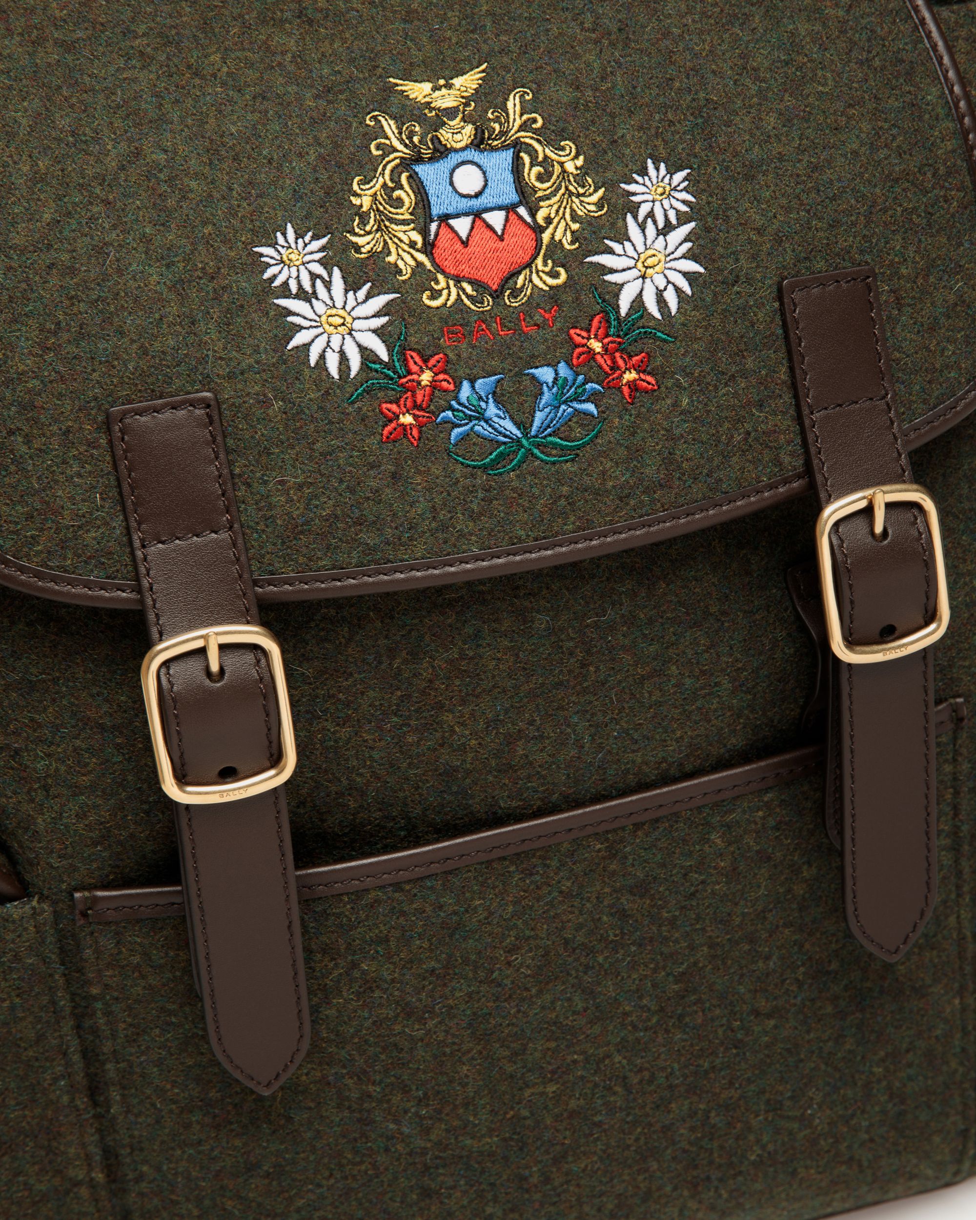 Bally Global - Winter Capsule Backpack in Dark Green Wool and Ebano Leather With Alpine Flowers - Green