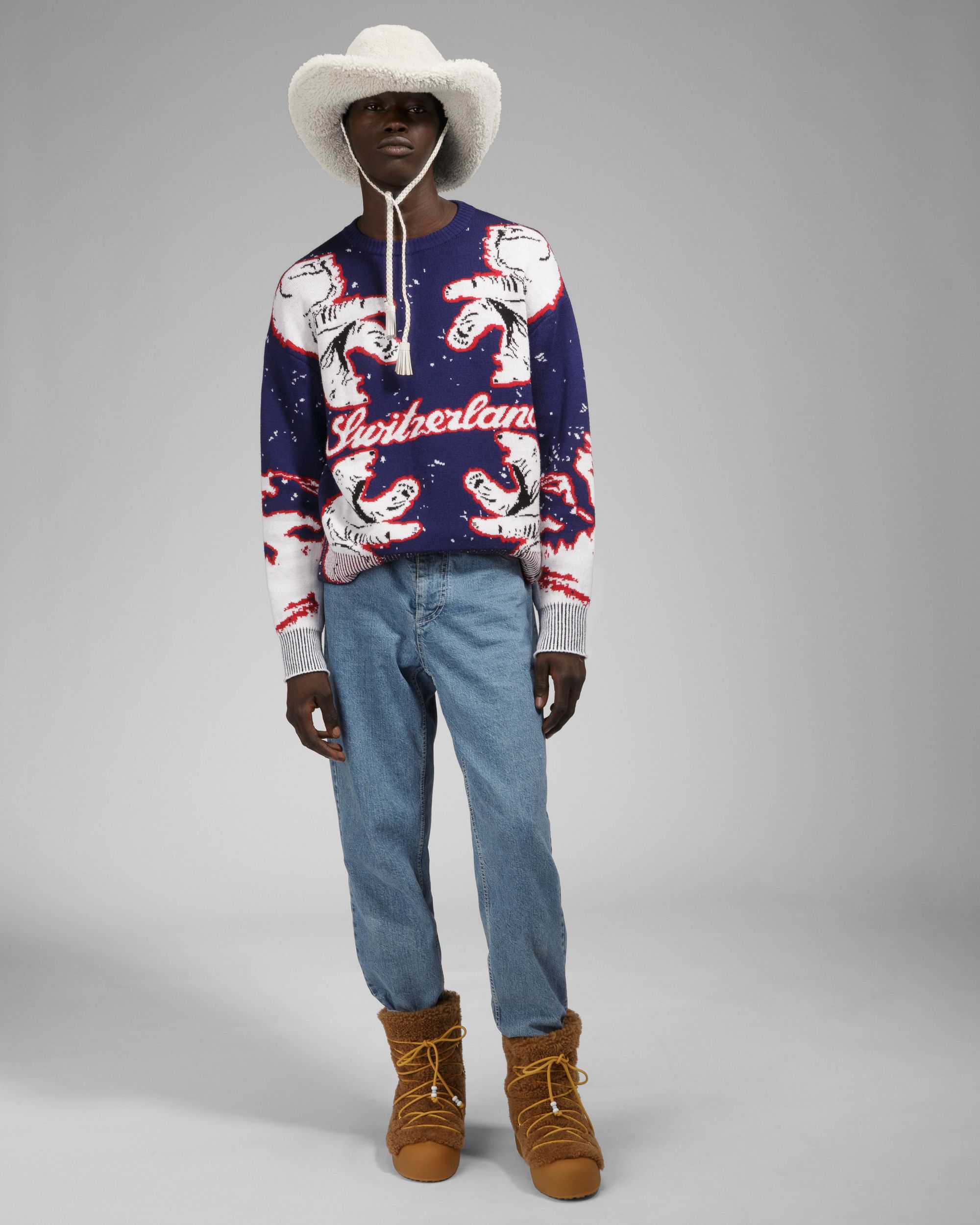 Bally Global - Merino Wool Crew Neck In Navy & Bone - Multicolor