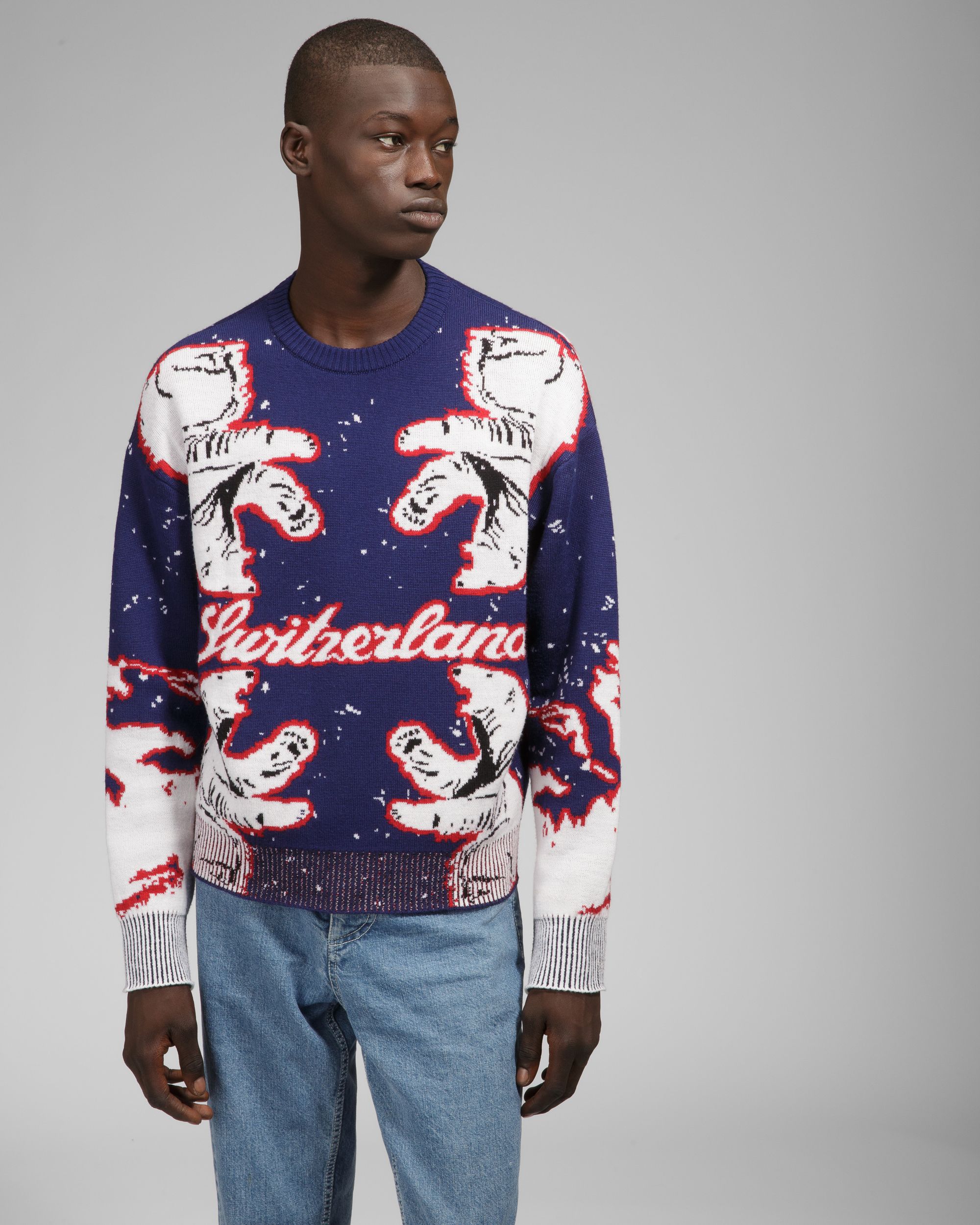 Bally Global - Merino Wool Crew Neck In Navy & Bone - Multicolor