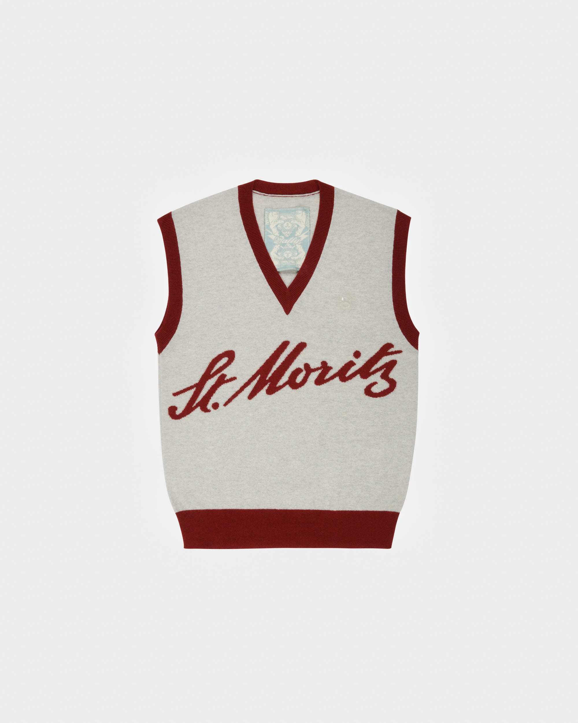 Bally Global - Curling Collection V-Neck Vest in Light Grey and Red Cashmere - Multicolor