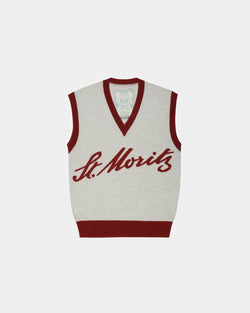 Curling Collection V-Neck Vest in Light Grey and Red Cashmere