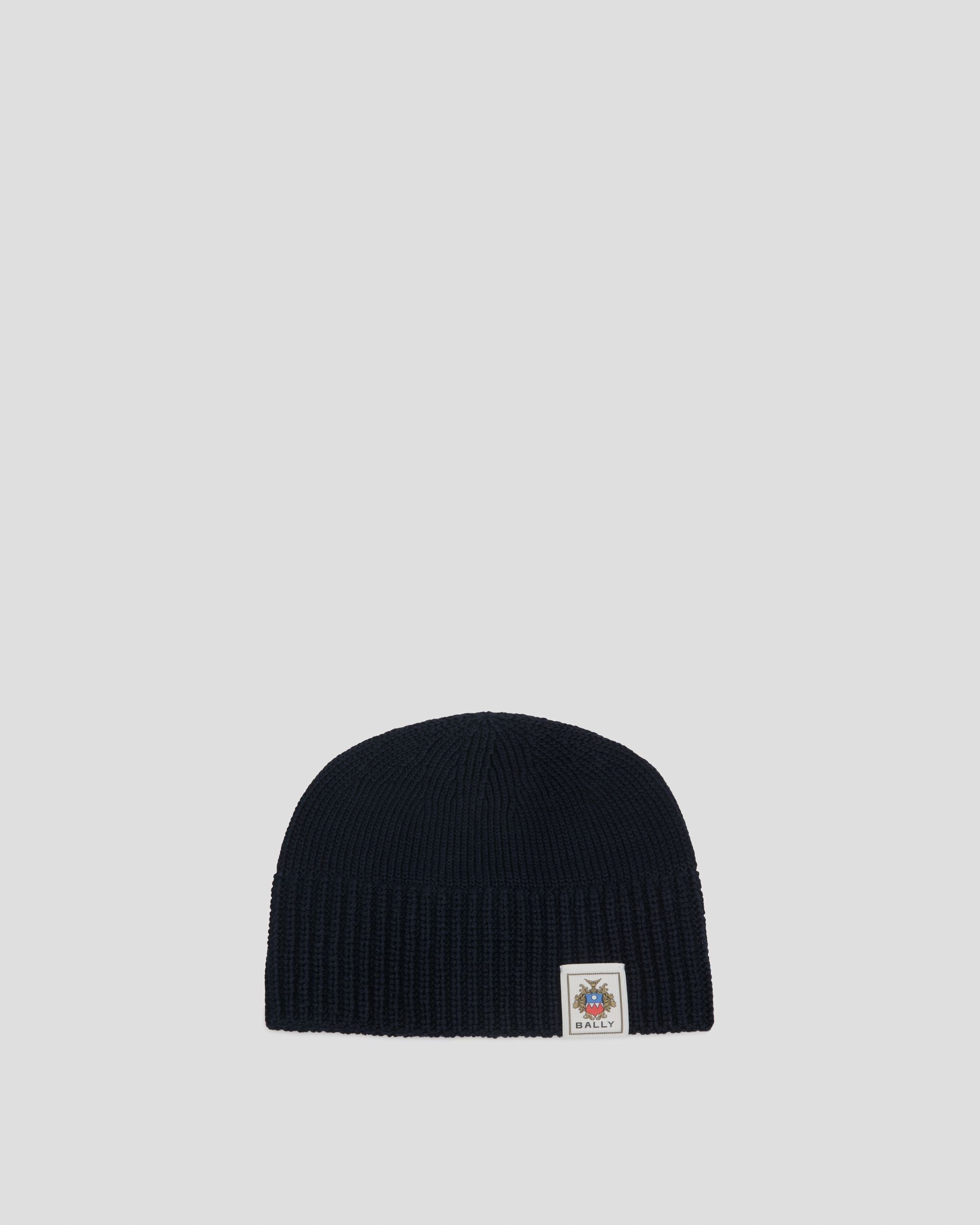 Bally Global - Beanie With Bally Crest in Navy Blue Cotton - Bleu