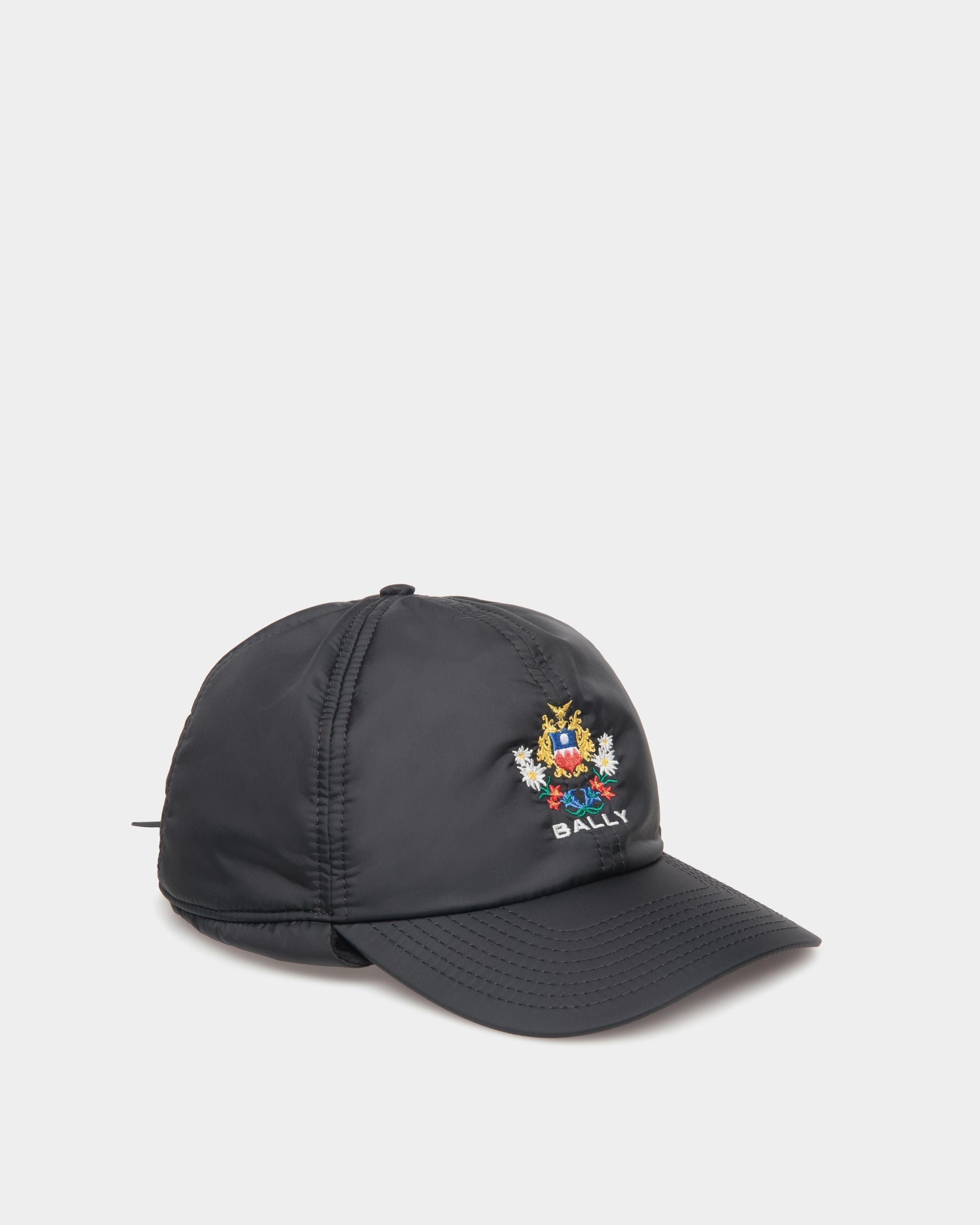 Bally Global - Winter Capsule Aviator Hat With Alpine Flowers in Black Recycled Nylon - Black