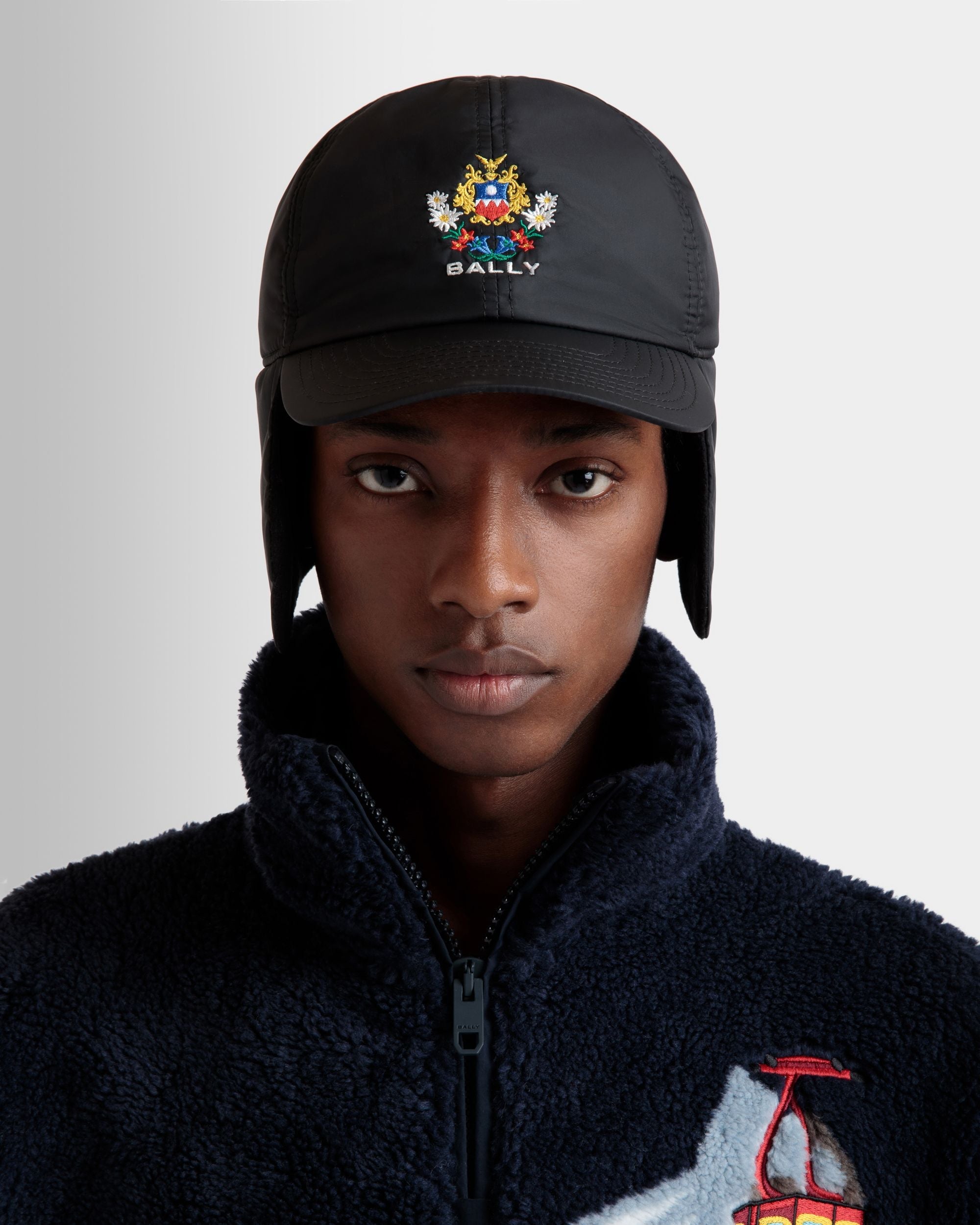 Bally Global - Winter Capsule Aviator Hat With Alpine Flowers in Black Recycled Nylon - Black