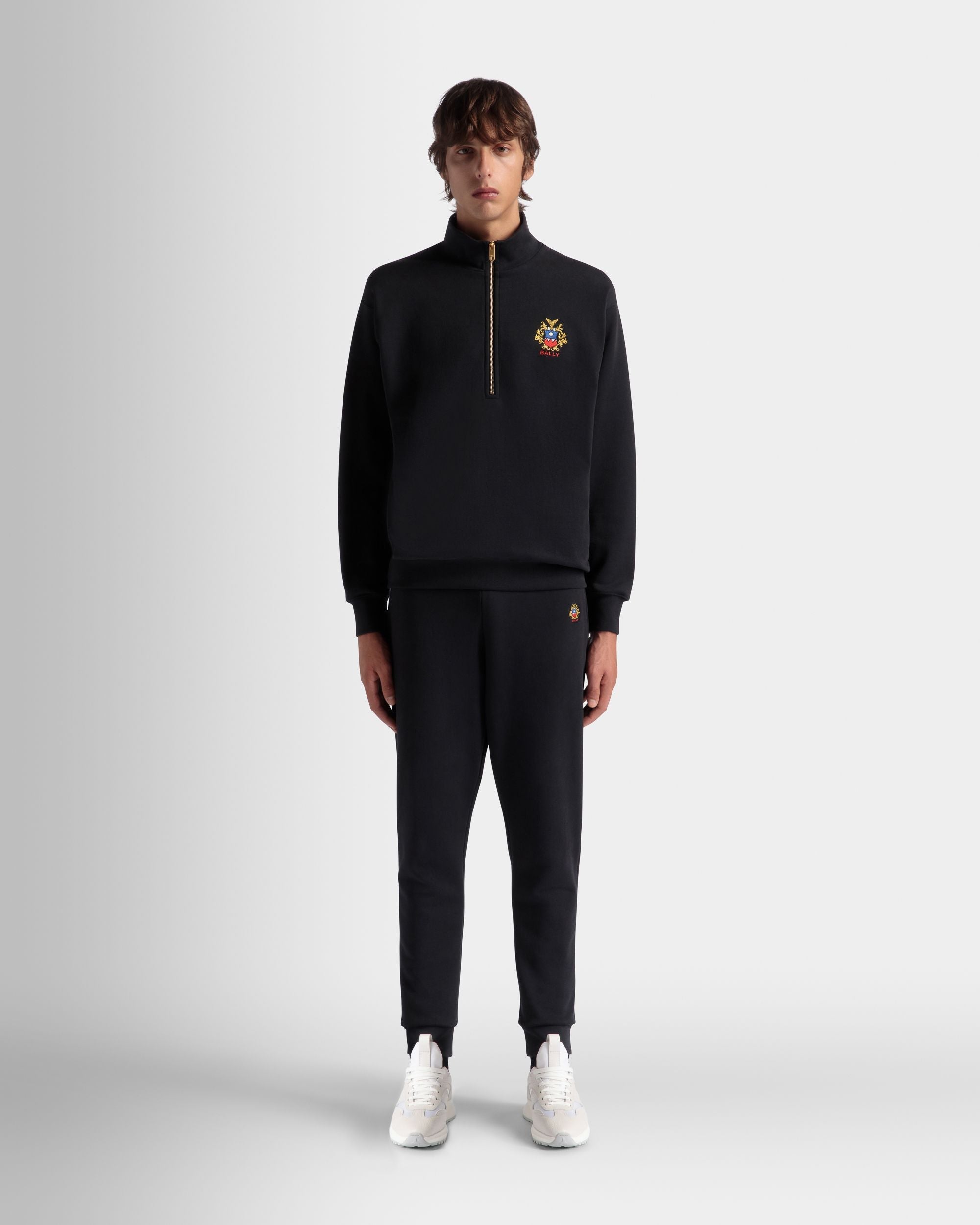 Bally Global - Half Zip Sweatshirt With a Bally Crest Logo In Navy Blue Cotton - Blue