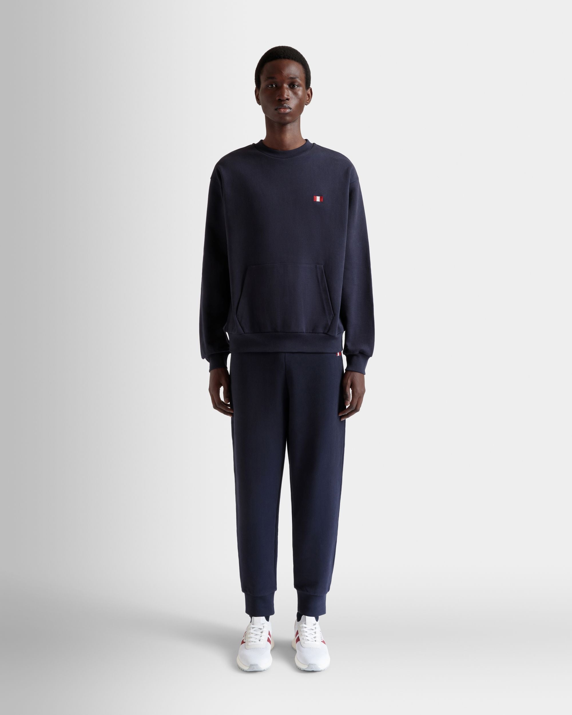Bally Global - Crewneck Sweatshirt With a Bally Flag in Navy Blue Cotton - Blue