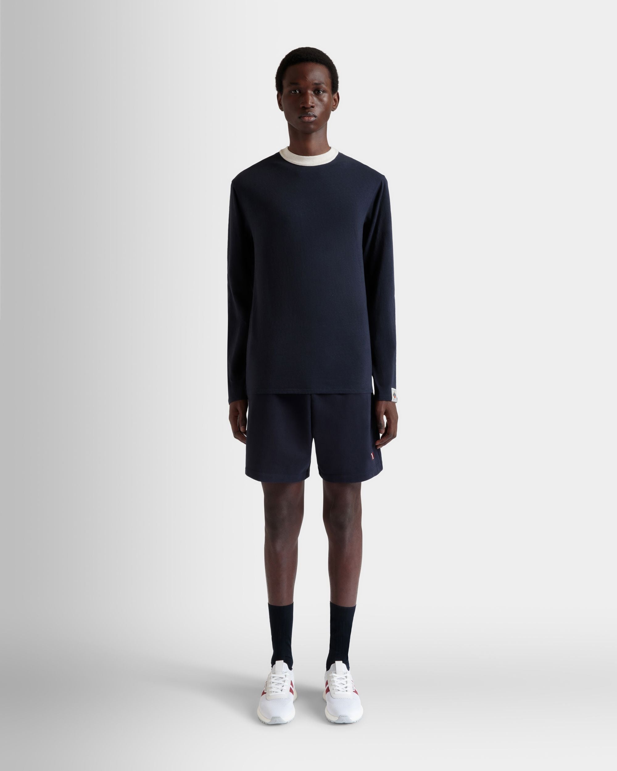 Bally Global - Long Sleeve T-Shirt in Navy Blue Stretch Cotton - Bleu
