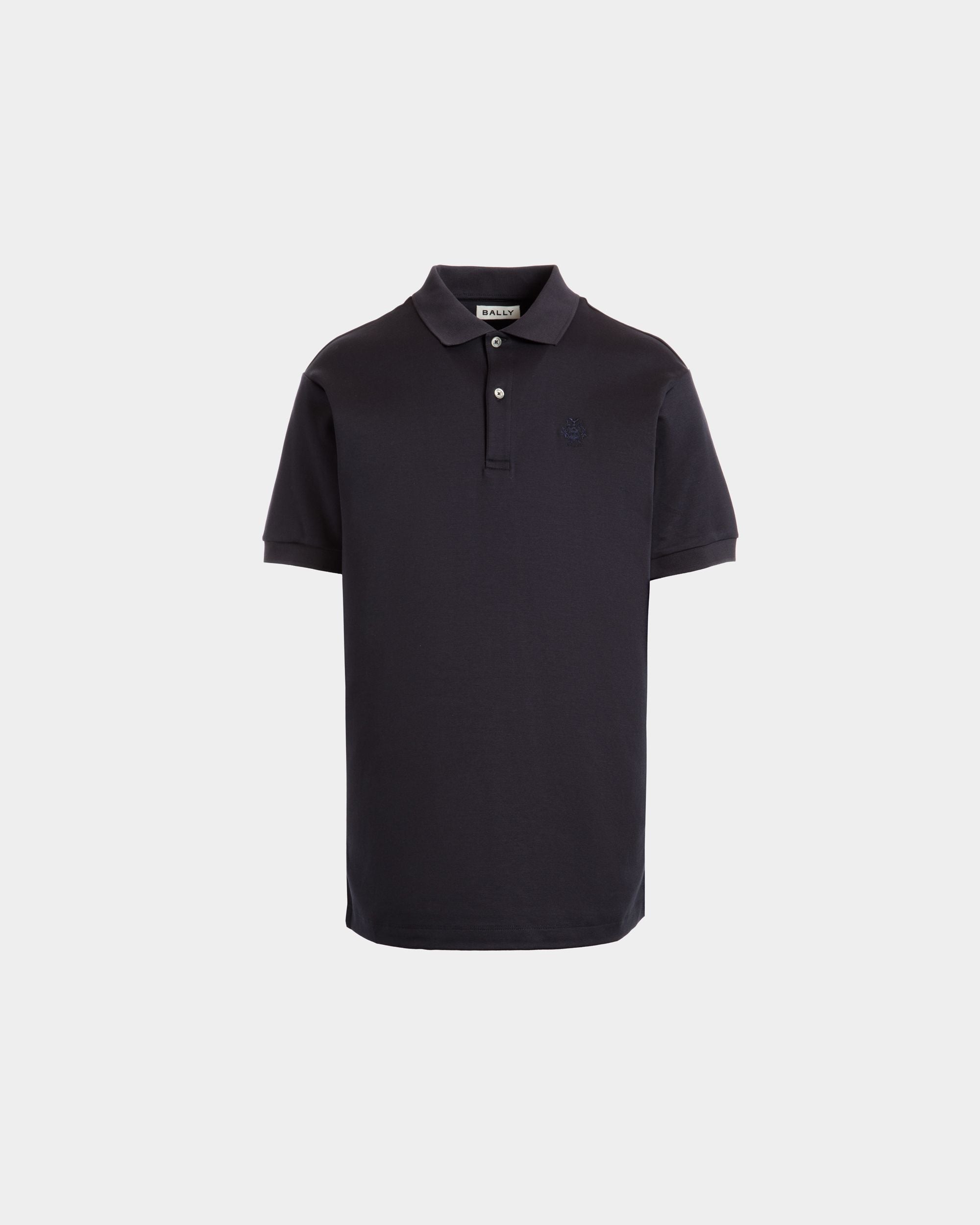 Bally Global - Short Sleeve Polo With a Bally Crest Logo in a Navy Blue Cotton Silk Blend - Bleu