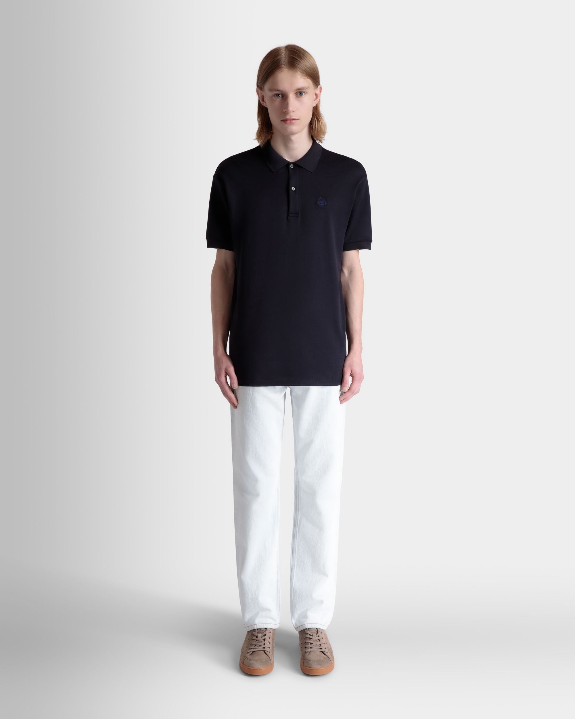 Bally Global - Short Sleeve Polo With a Bally Crest Logo in a Navy Blue Cotton Silk Blend - Bleu