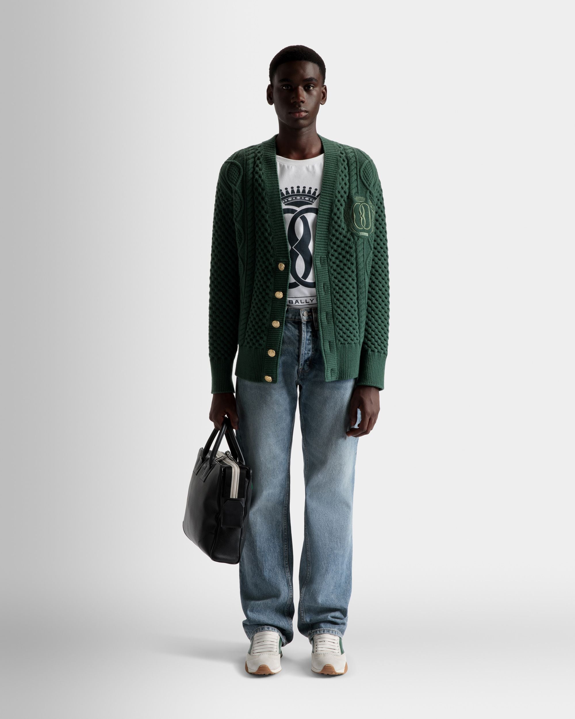 Bally Global - Cable Knit V-Neck Cardigan In Kelly Green Wool - Green