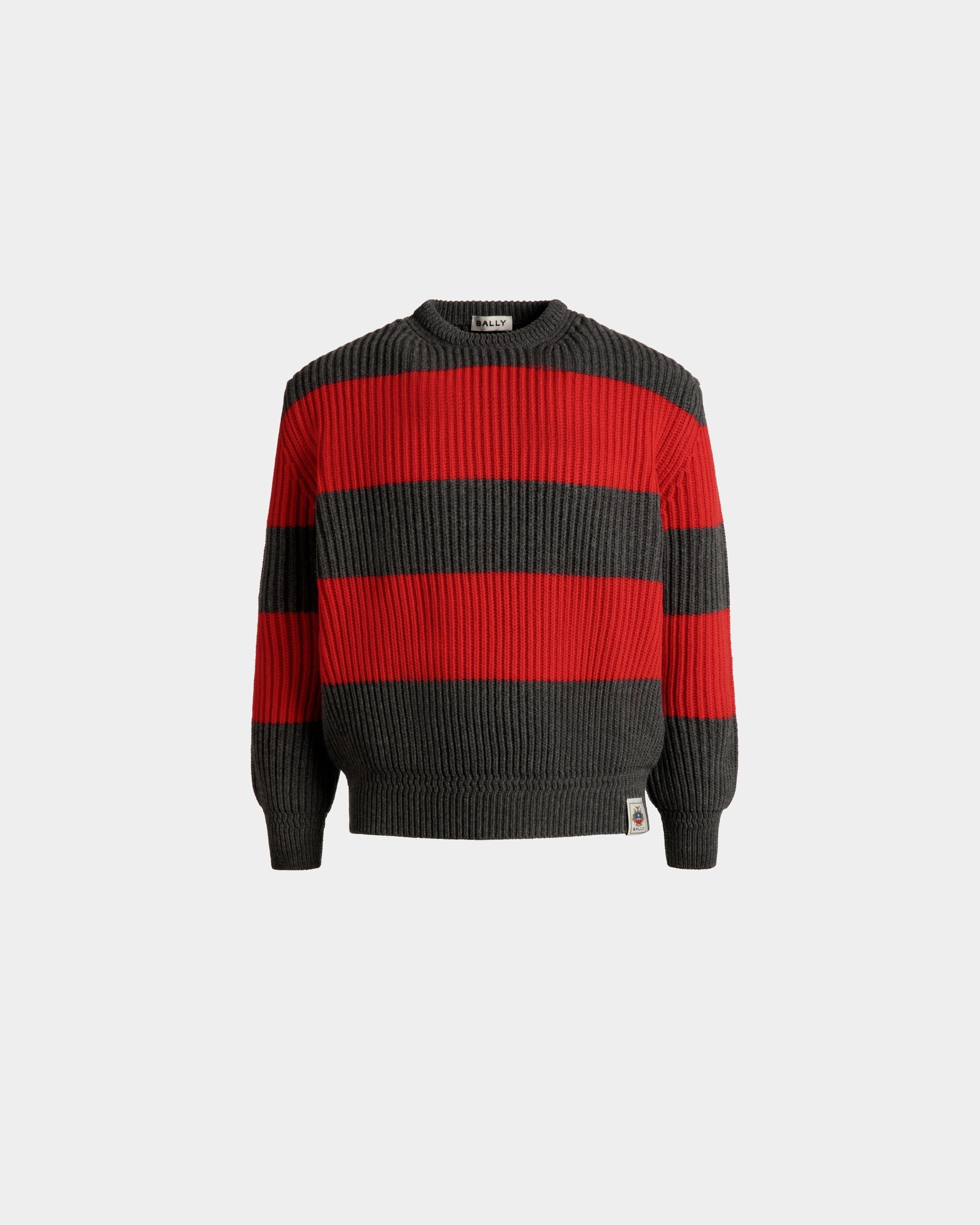 Bally Global - Crewneck Sweater With Bally Crest Logo In Candy Red And Dark Grey Wool - Multicolor