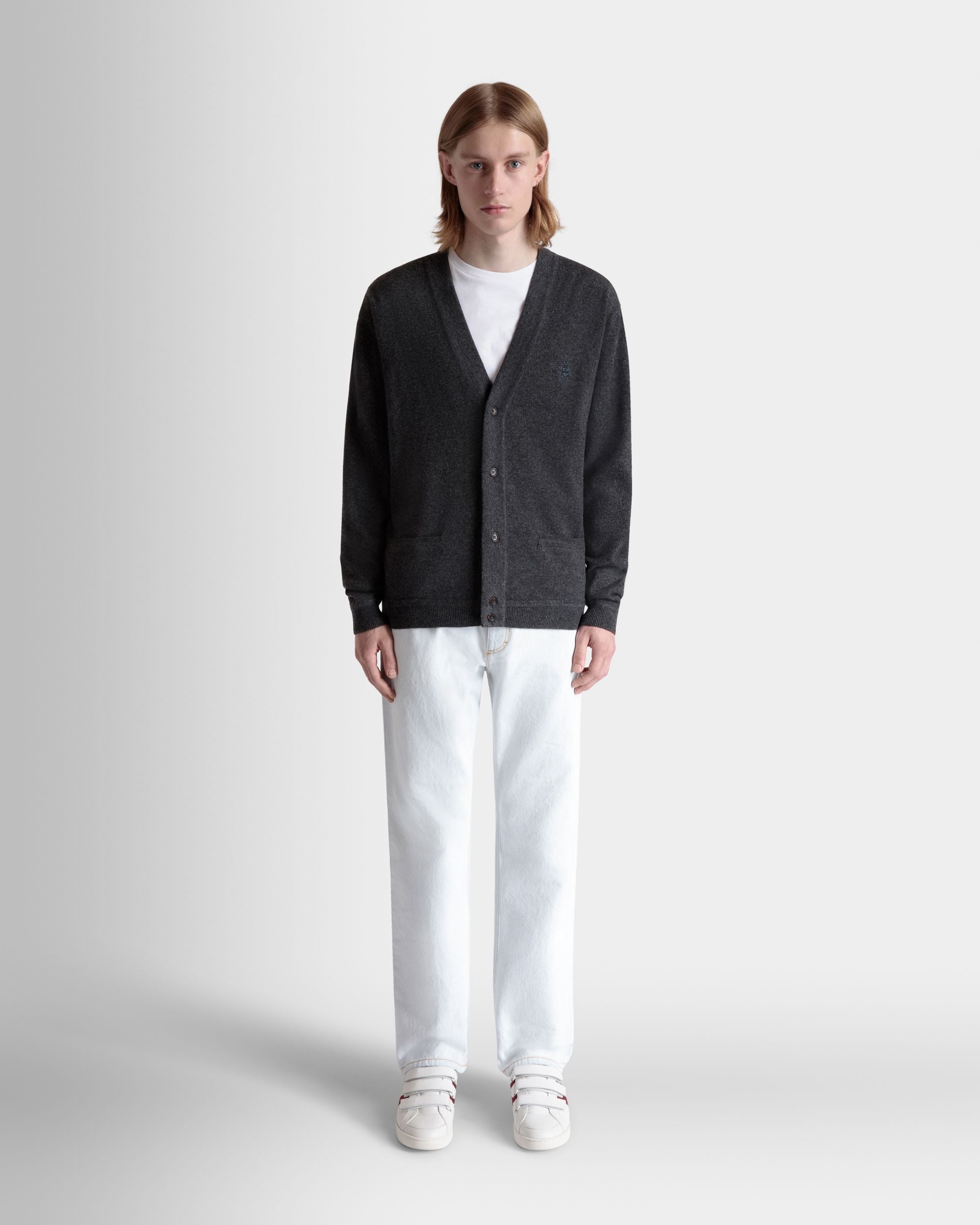 Bally Global - Cardigan With Bally Crest Logo in Dark Grey Cashmere - Grey