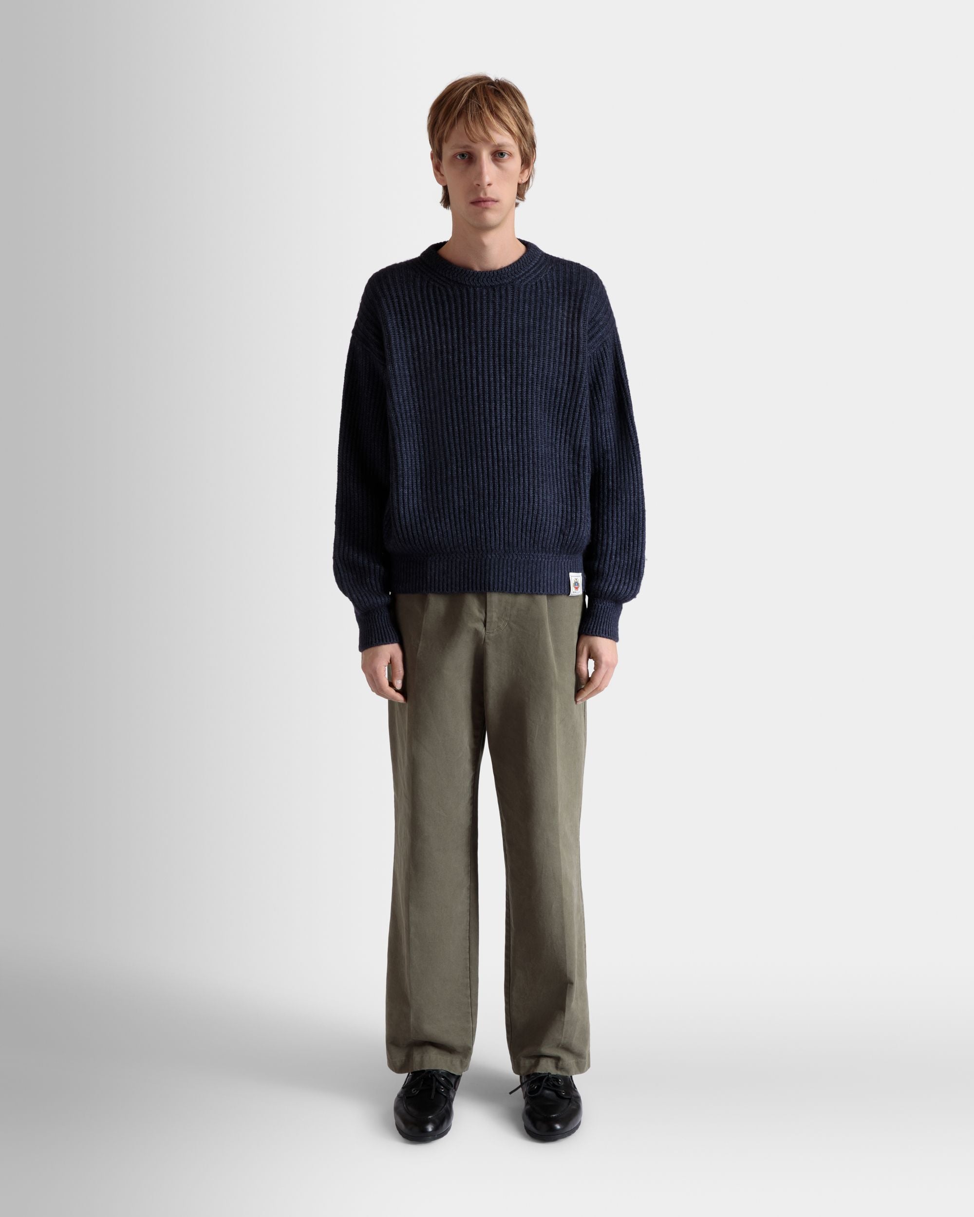 Bally Global - Crewneck Sweater With Bally Crest Logo In Navy Blue Wool And Silk - Blue