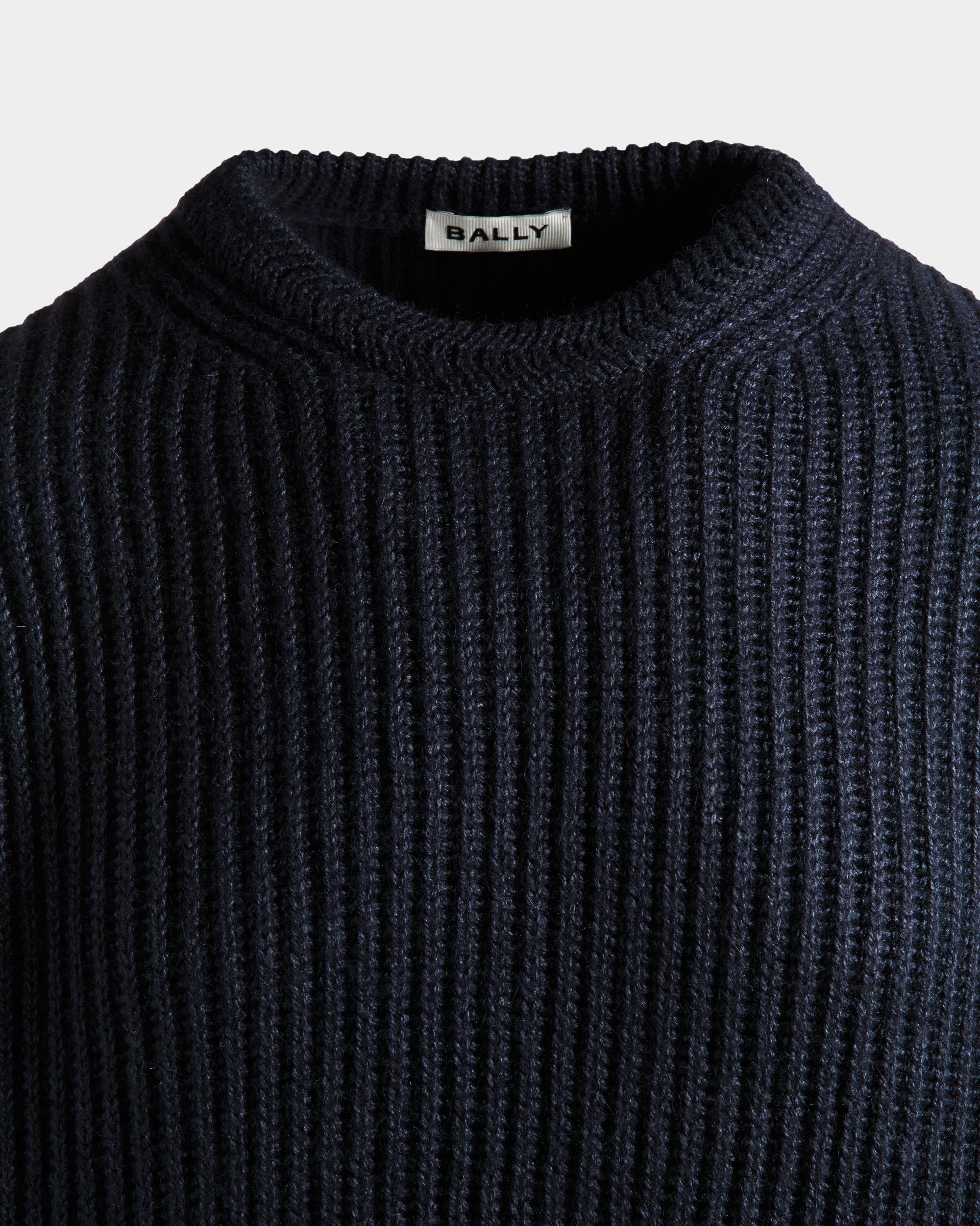 Bally Global - Crewneck Sweater With Bally Crest Logo In Navy Blue Wool And Silk - Blue