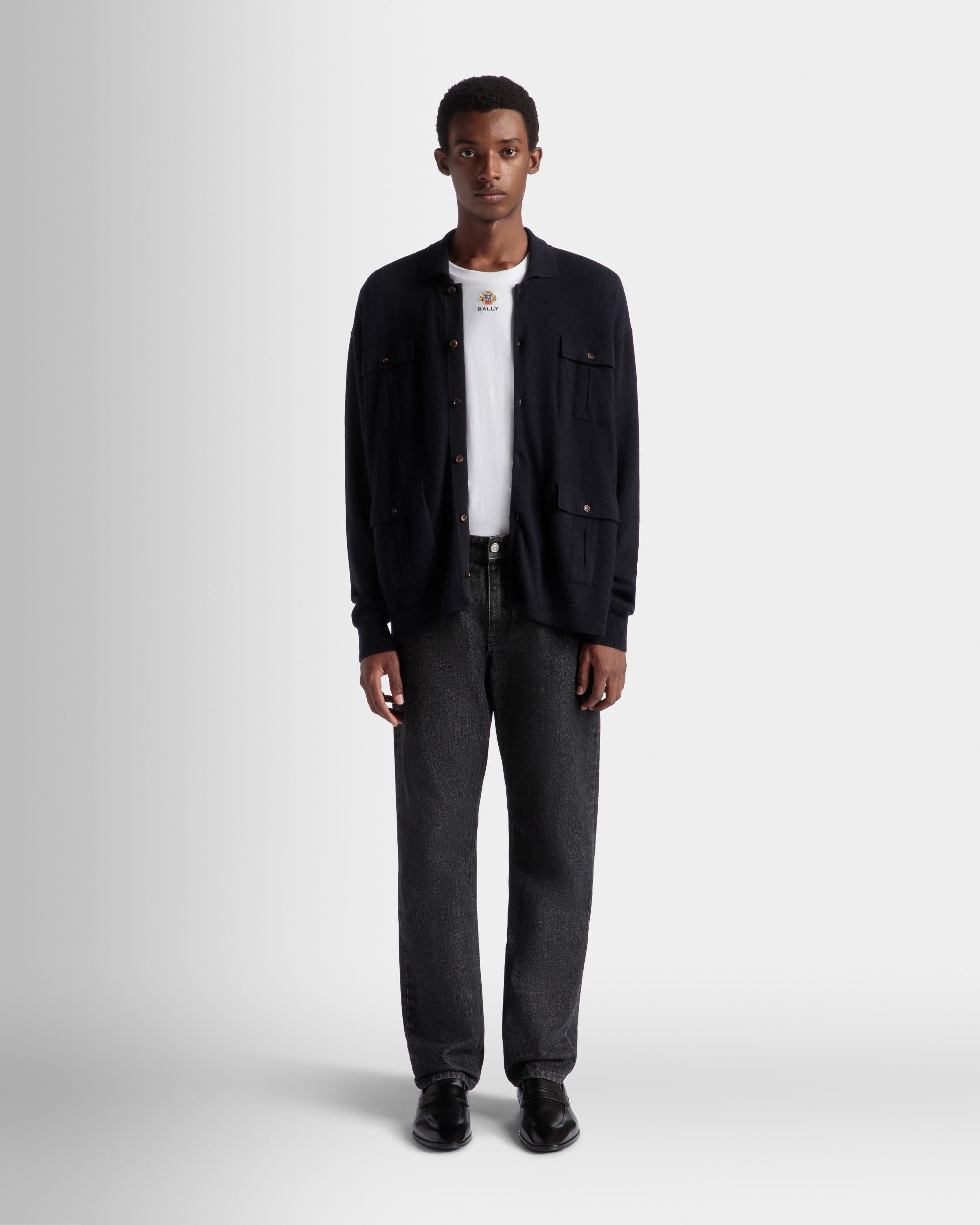 Bally Global - Chemise À Manches Longues Avec Logo En Cachemire Navy Blue - Bleu
