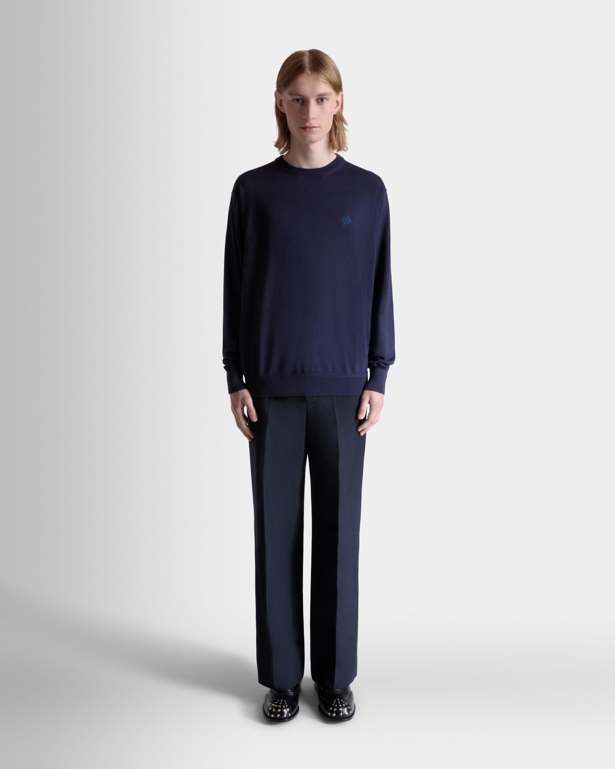 Bally Global - Crewneck Sweater in Navy Blue Wool Cashmere Blend - Blue