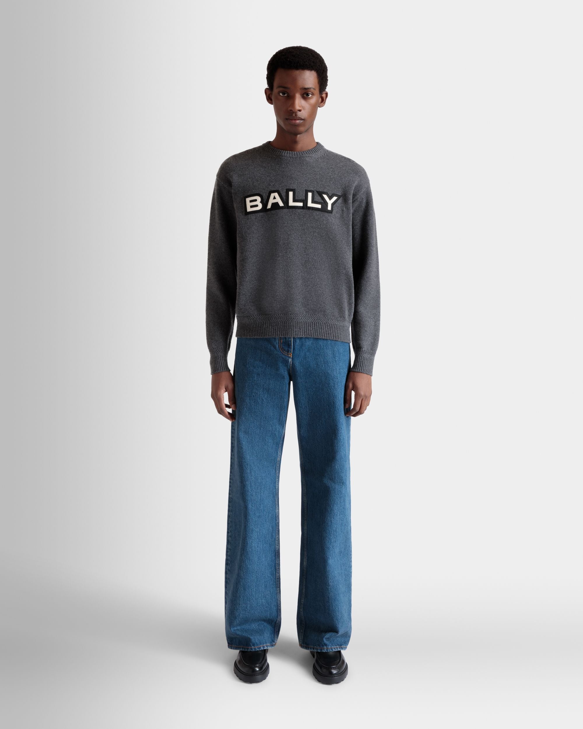 Bally Global - Crewneck Sweater With Logo In Dark Grey Wool - Grey