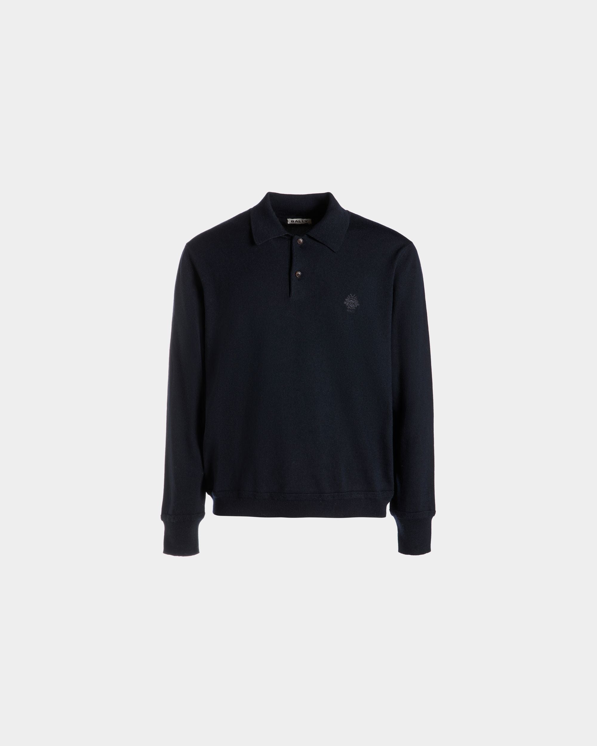 Bally Global - Long Sleeve Polo With Bally Crest Logo In Navy Blue Wool - Blue