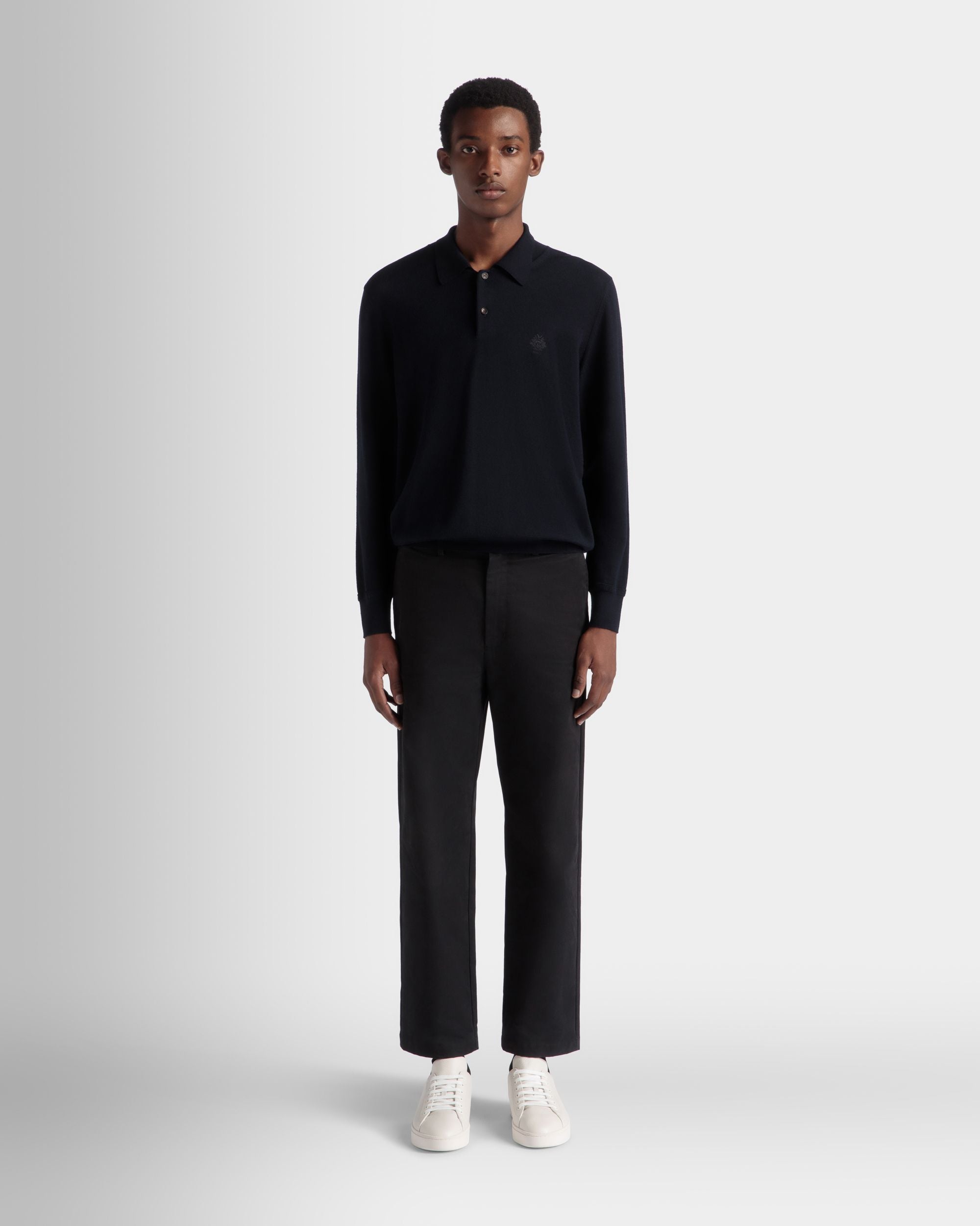 Bally Global - Long Sleeve Polo With Bally Crest Logo In Navy Blue Wool - Blue