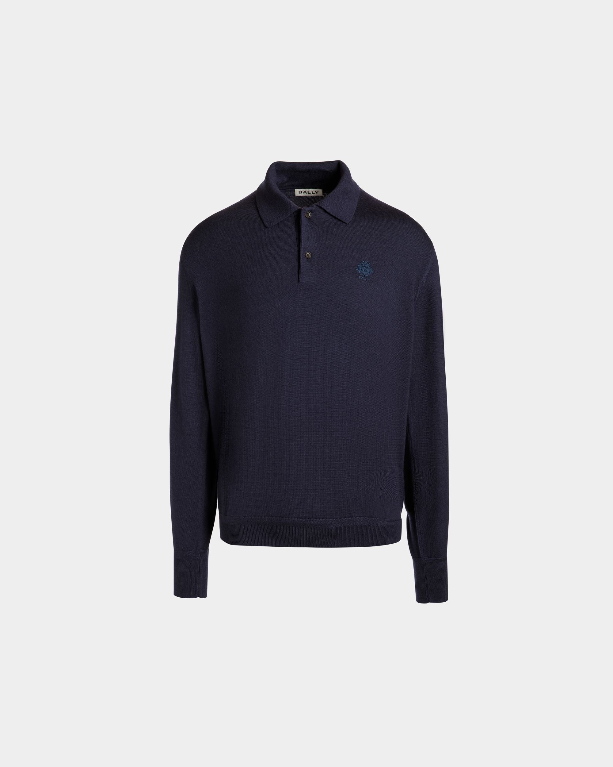 Bally Global - Long Sleeve Polo With Bally Crest Logo in Navy Blue Cashmere Blend - Blue