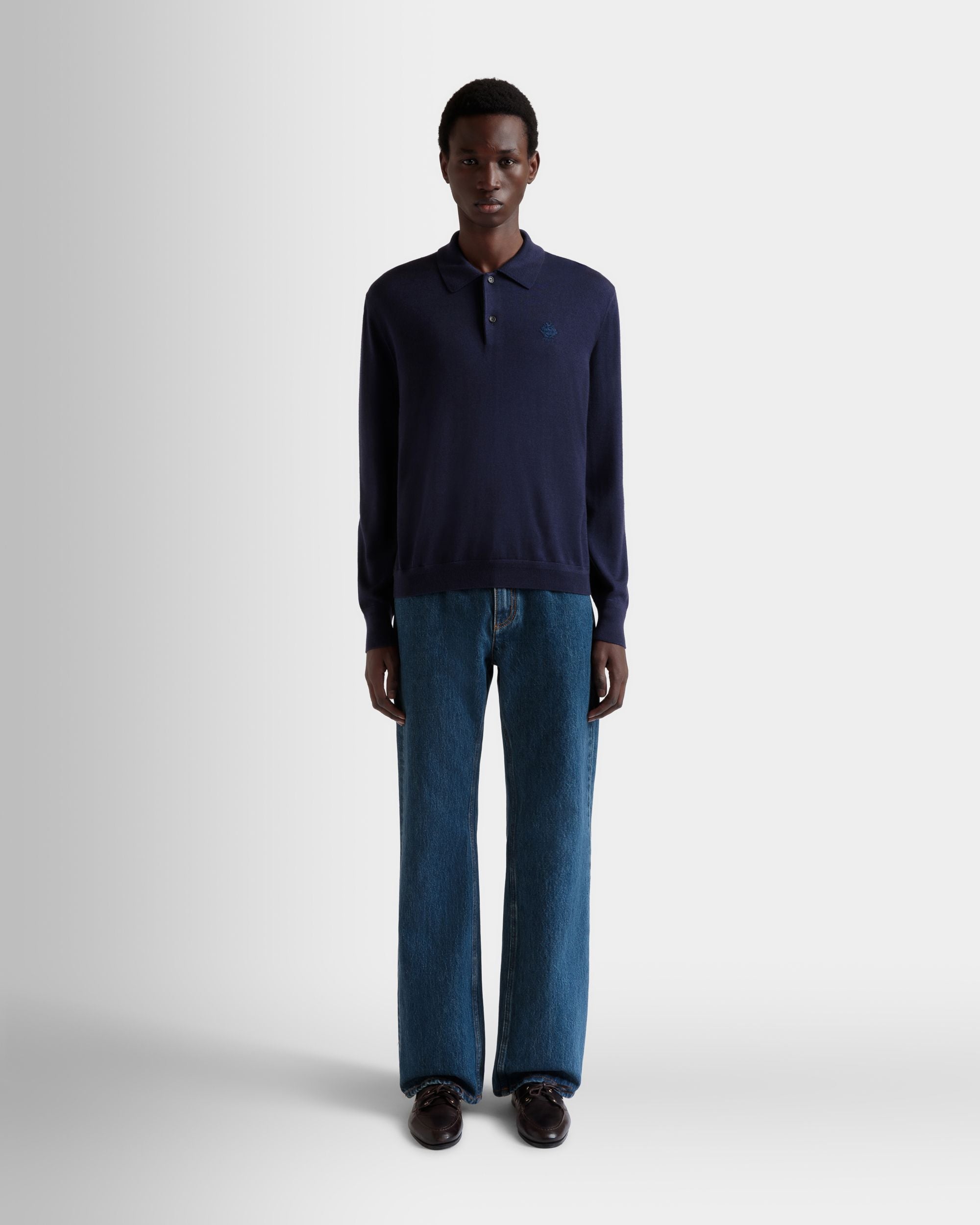 Bally Global - Long Sleeve Polo With Bally Crest Logo in Navy Blue Cashmere Blend - Blue