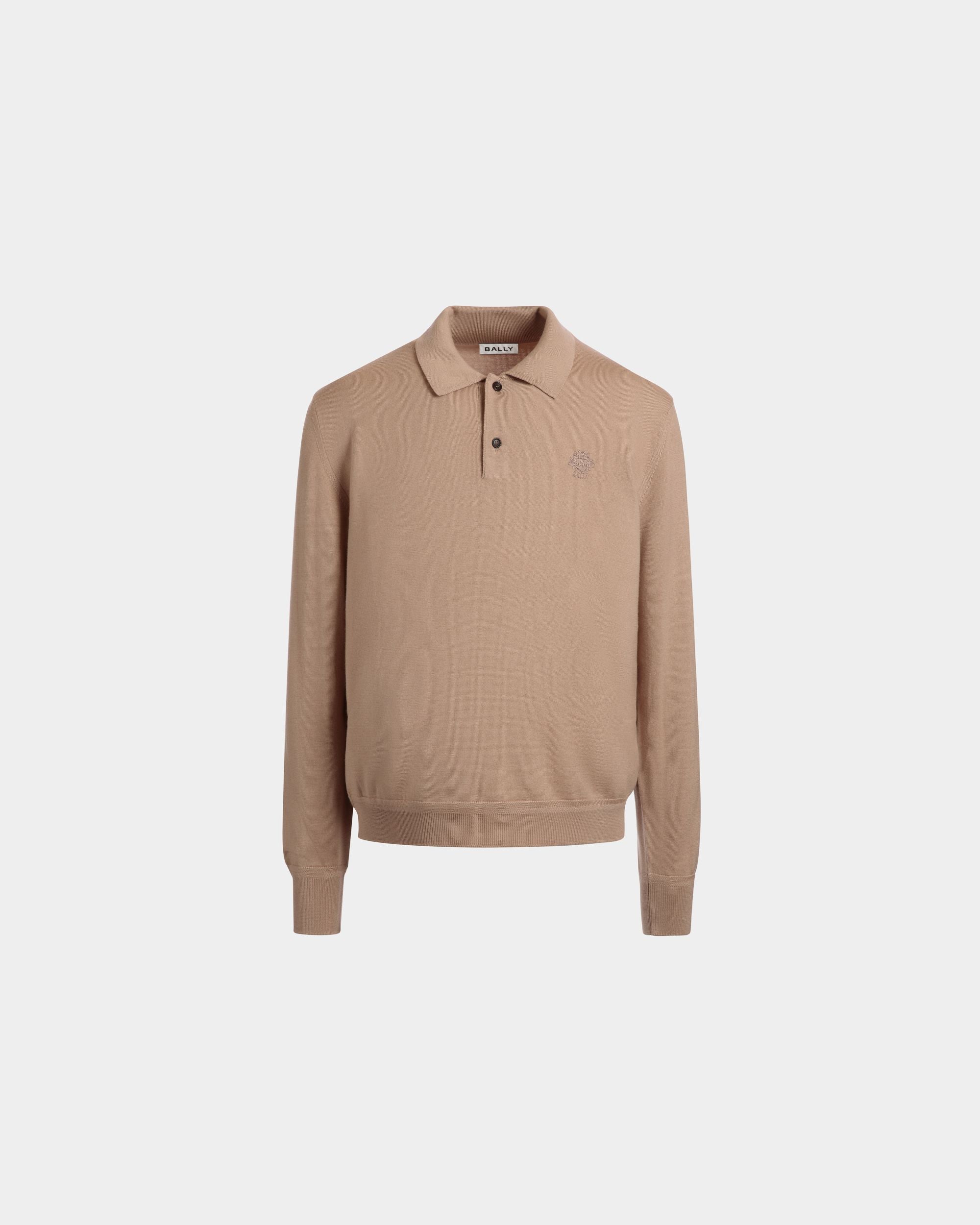 Bally Global - Long Sleeve Polo Shirt With a Bally Crest in Camel Wool-Cashmere - Beige