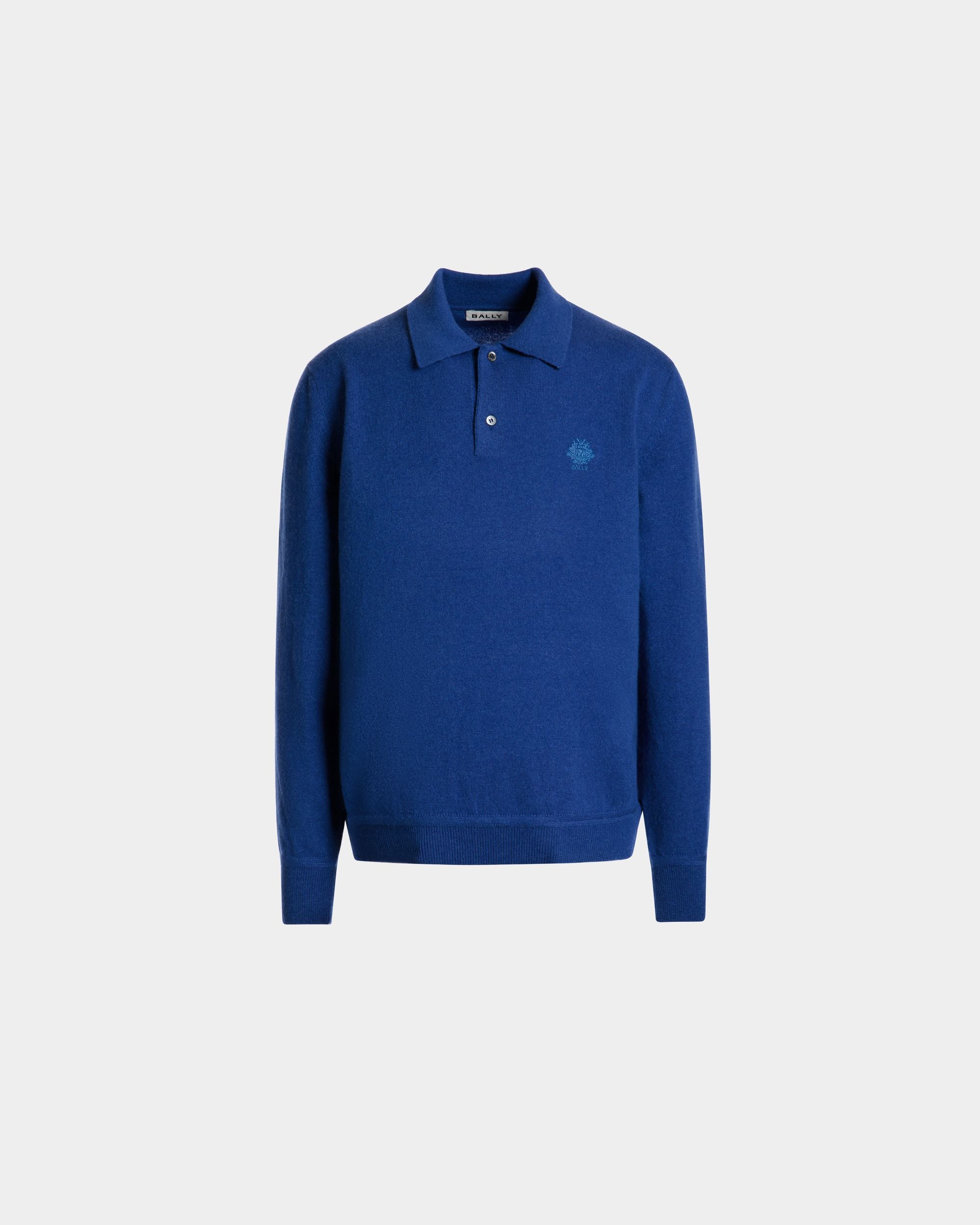 Bally Global - Long Sleeve Polo Shirt With a Bally Crest in Blue Cashmere Blend - Blue