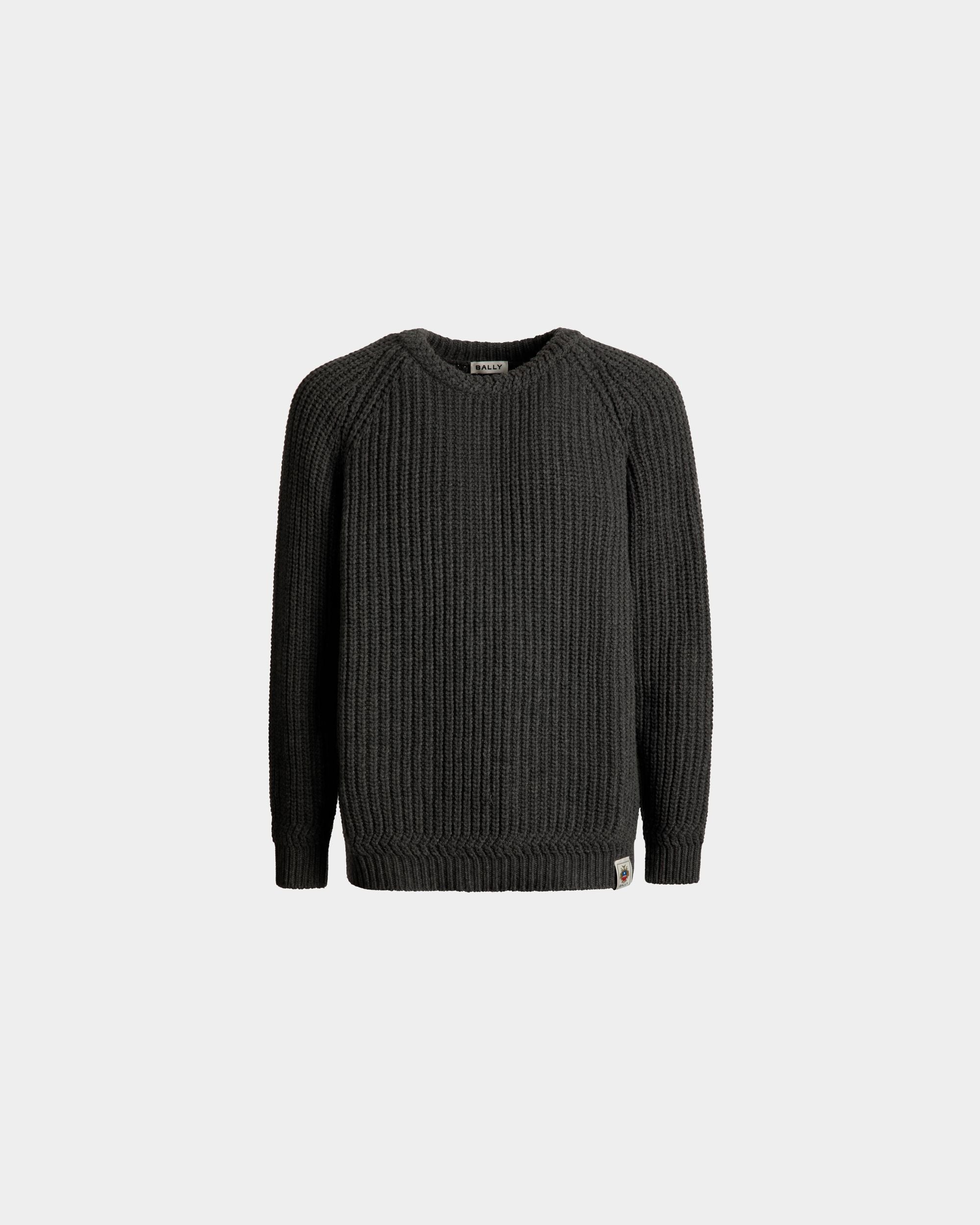 Bally Global - Crewneck Sweater With a Bally Crest Logo In Dark Grey Wool - Grey