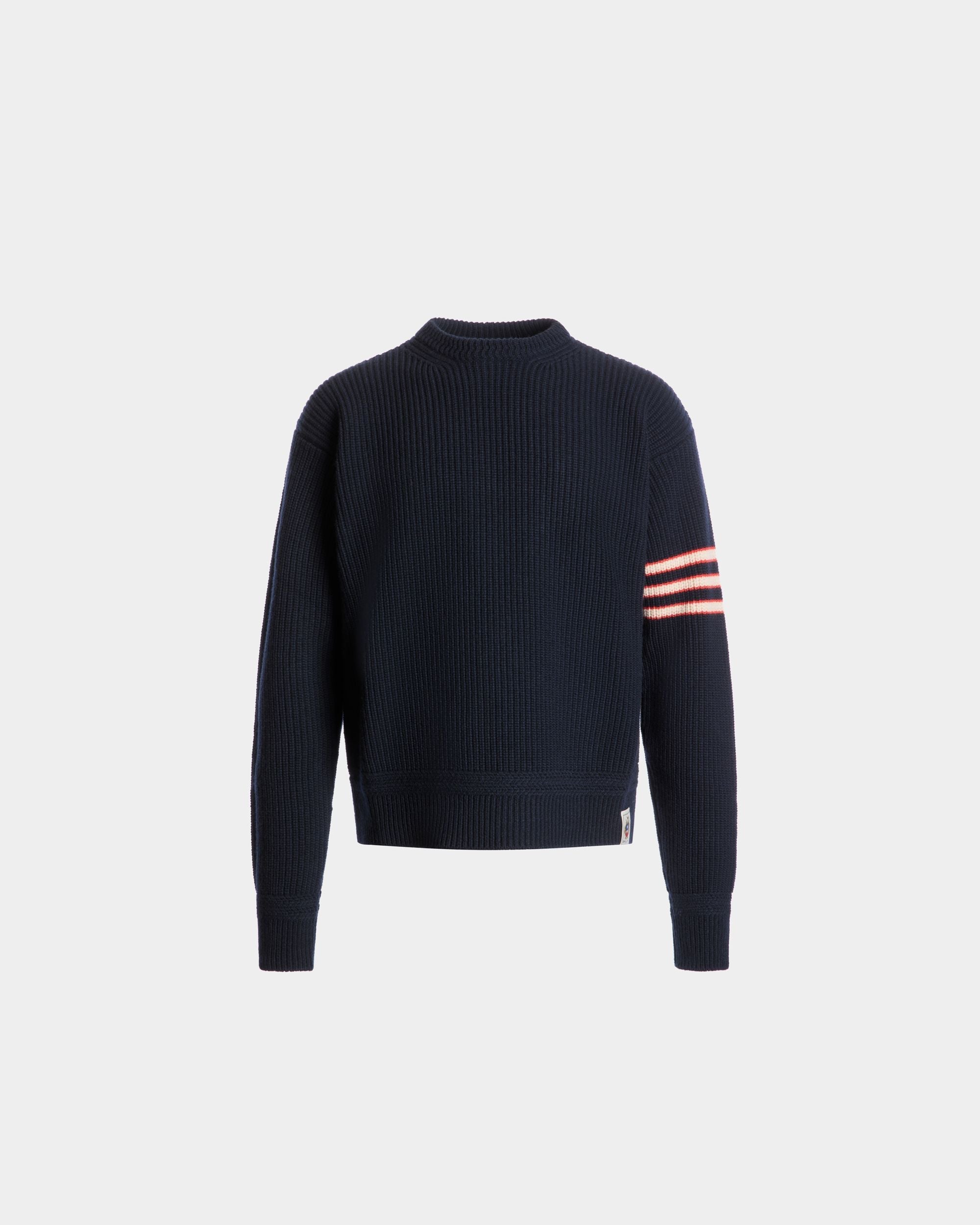 Bally Global - Crewneck Sweater With Bally Crest Logo in Navy Blue Wool - Blue