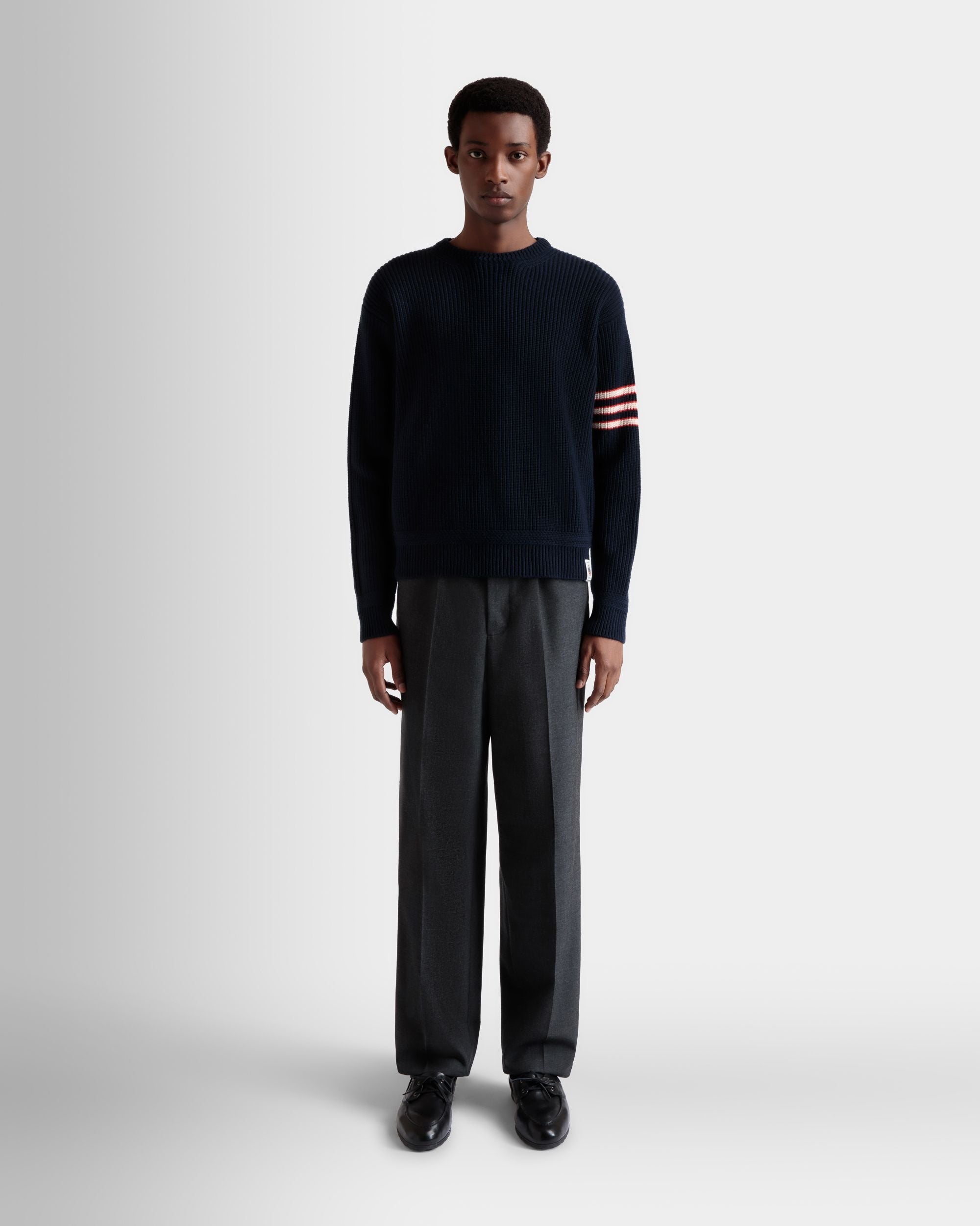 Bally Global - Crewneck Sweater With Bally Crest Logo in Navy Blue Wool - Blue