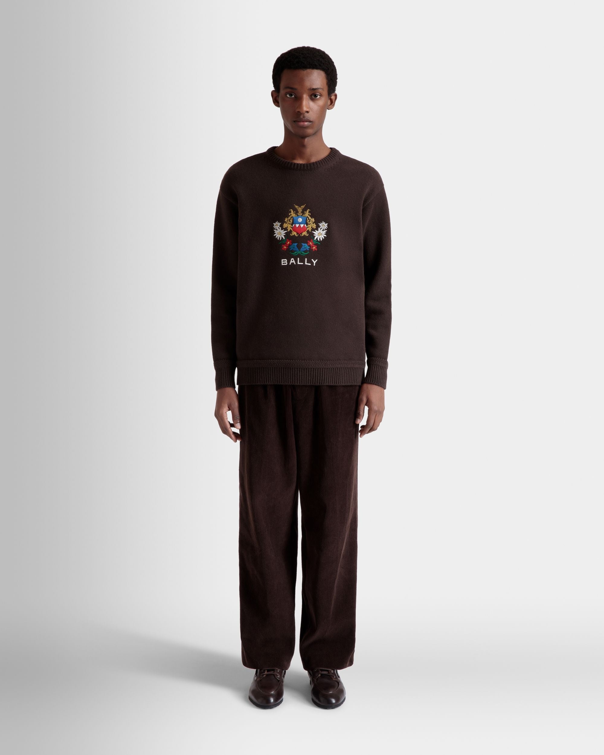 Bally Global - Winter Capsule Crewneck Sweater With Alpine Flowers in Ebano Wool - Brown