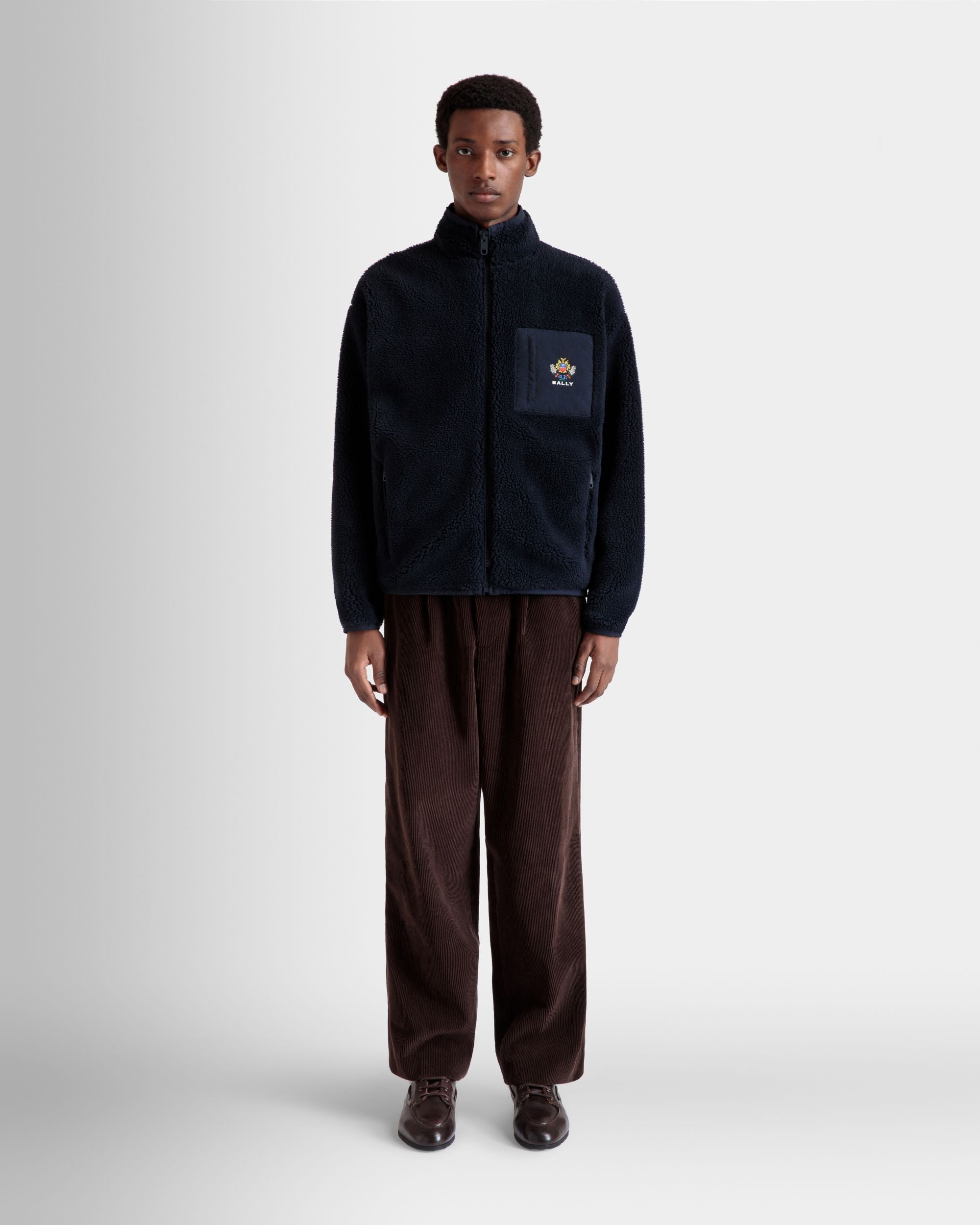 Bally Global - Winter Capsule Full Zip Sweashirt With Alpine Flowers in Navy Blue Fleece - Blue