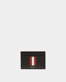 Ribbon Card Holder In Black Grained Leather