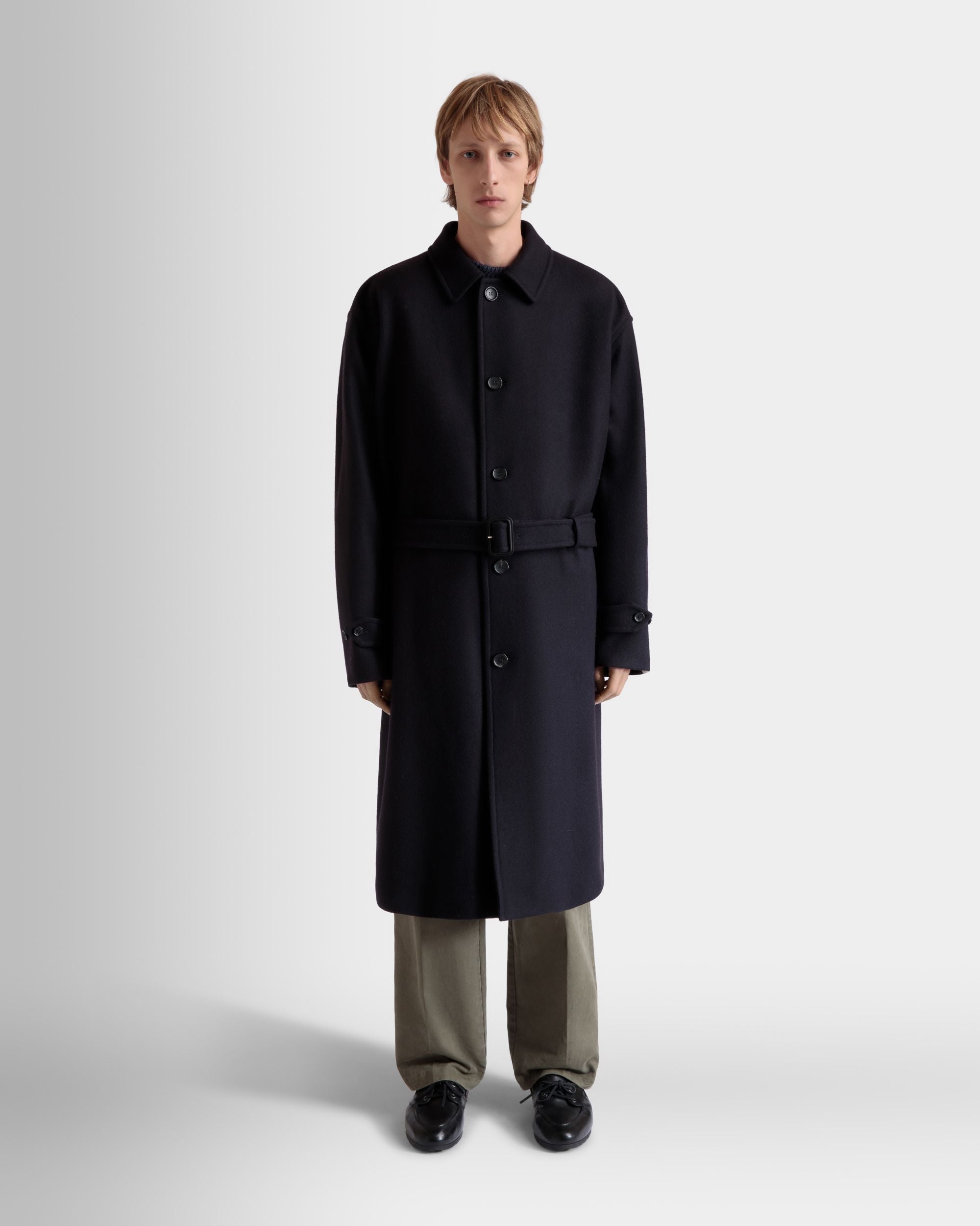 Bally Global - Single-breasted Coat In Navy Blue Wool Blend - Azul