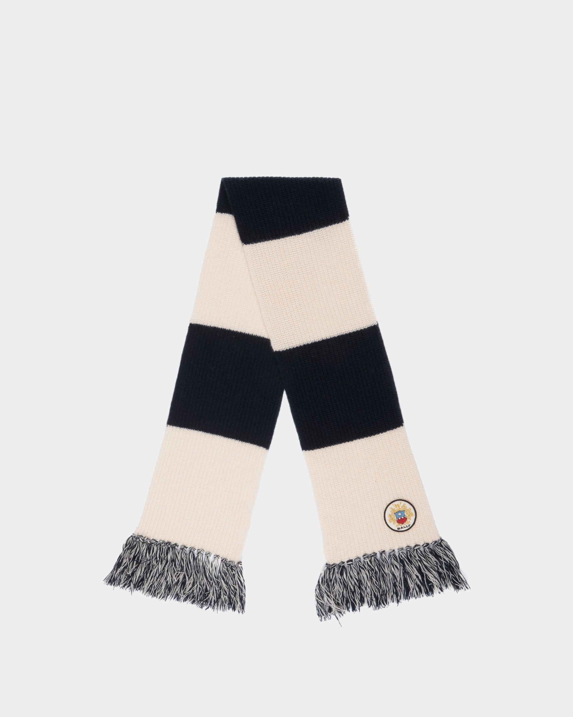Bally Global - Scarf With Bally Crest Logo in Navy Blue and Ivory Wool - Multicolor